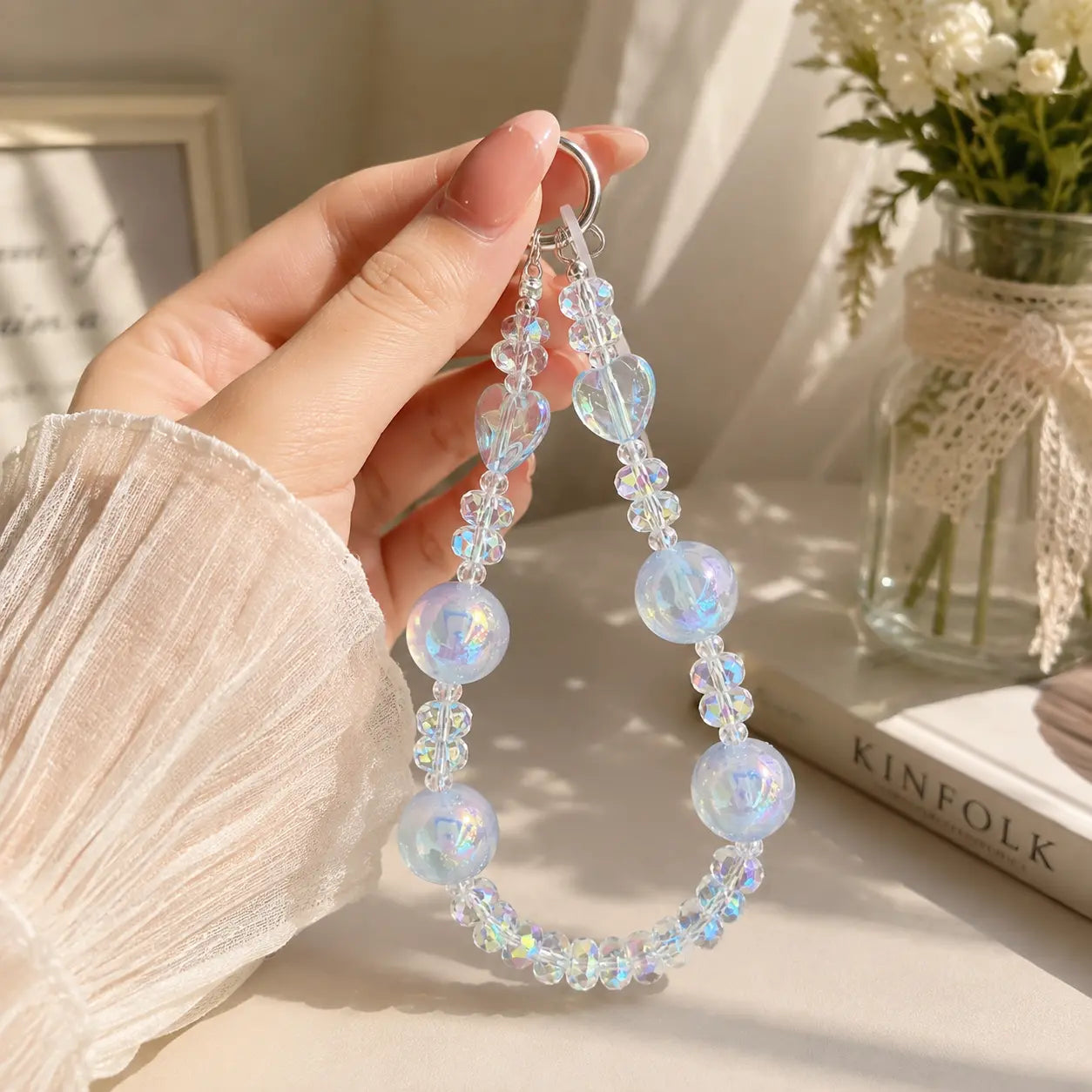 Iridescent Heart Crystal Beaded Keychain