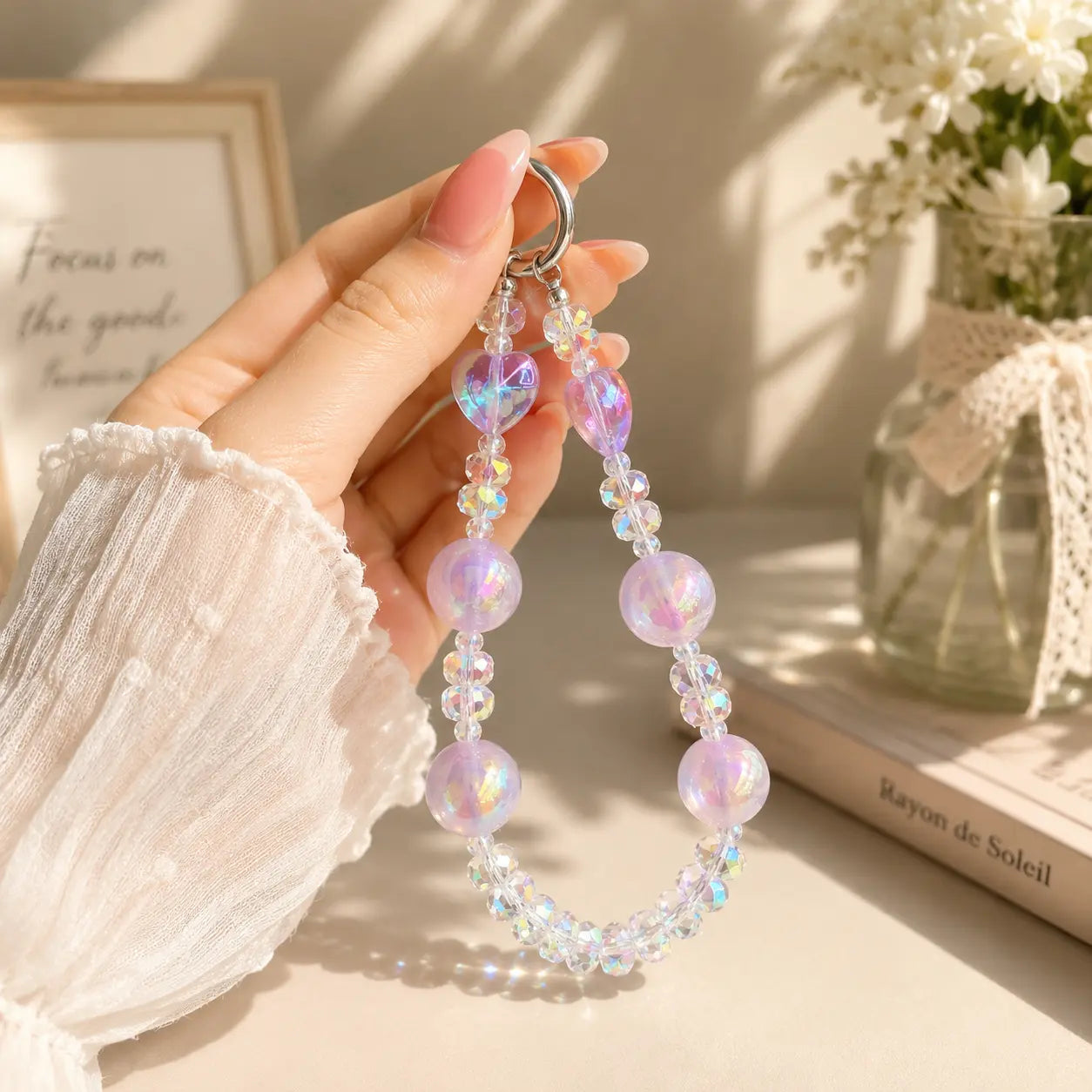 Iridescent Heart Crystal Beaded Keychain