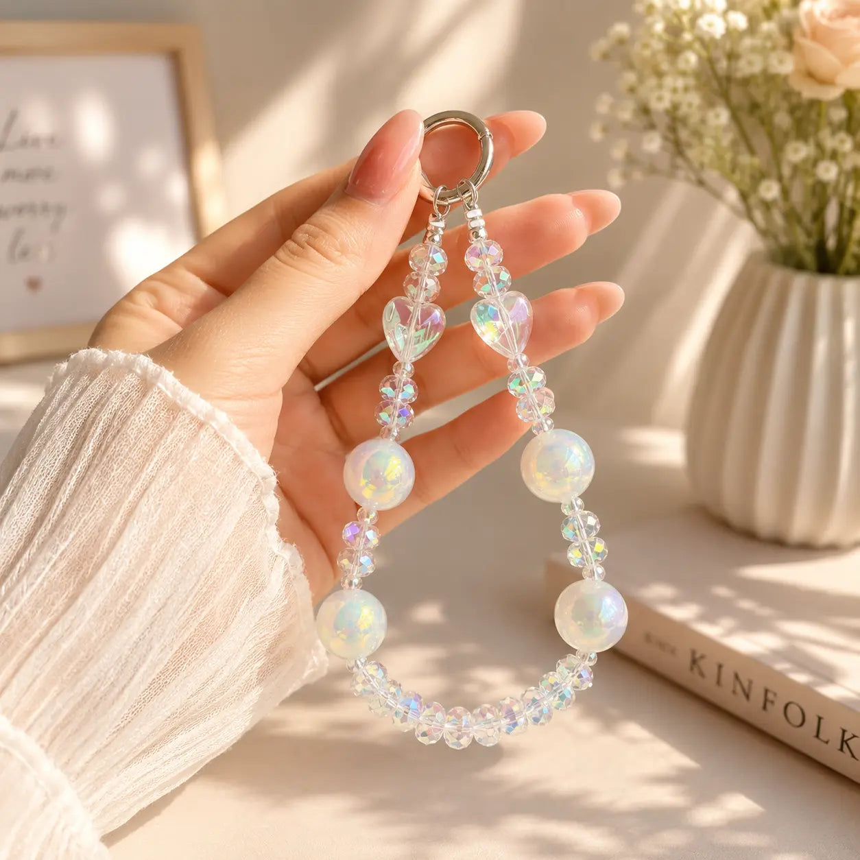 Iridescent Heart Crystal Beaded Keychain
