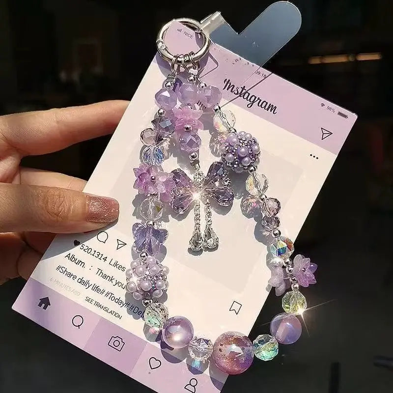 Purple Crystal Floral Beaded Keychain