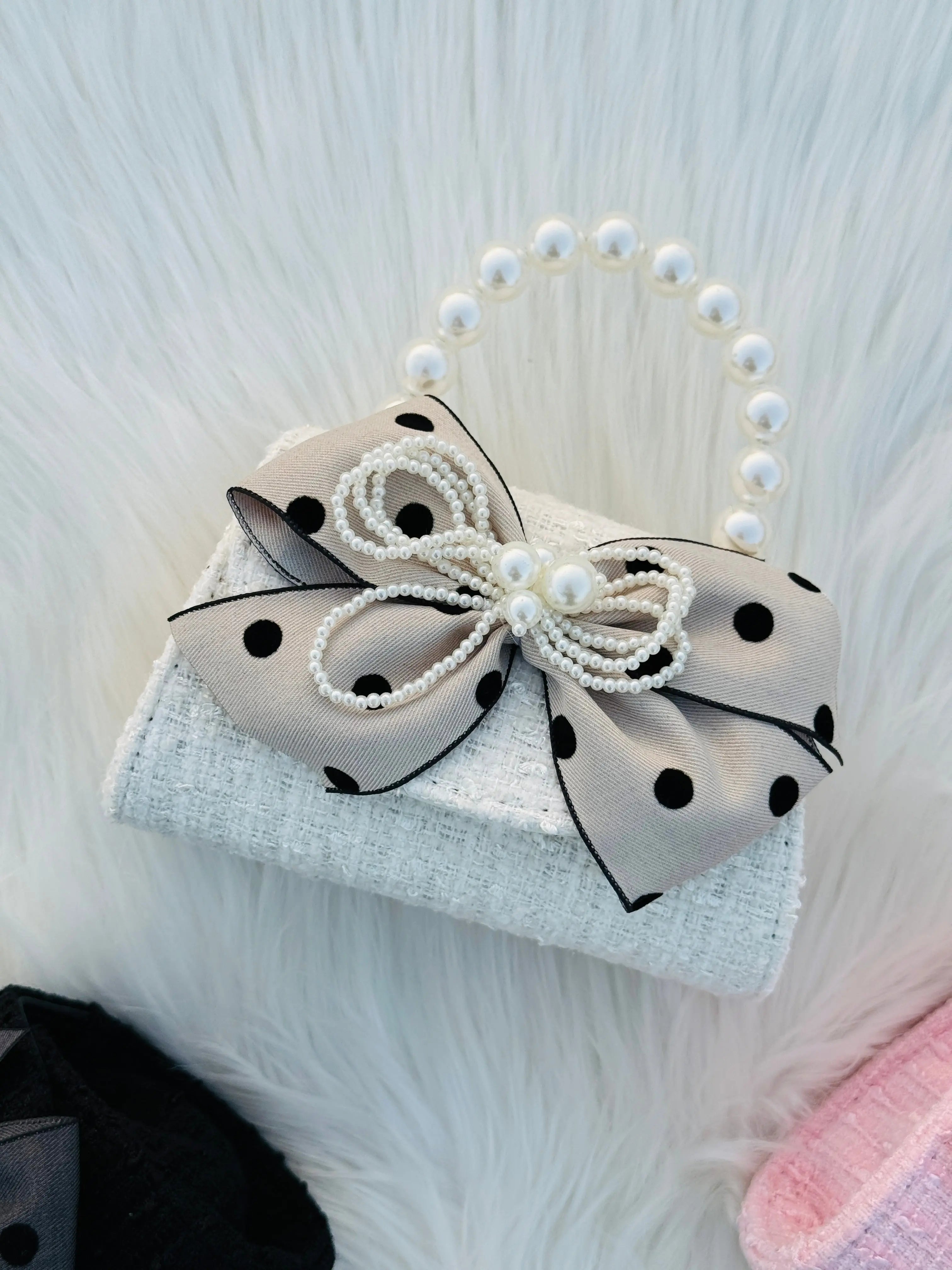 Pearl Handle Tweed Mini Handbag for Girls Bow Ribbon Crossbody Purse Cute Fashion Shoulder Bag Sparkels  Sparkels