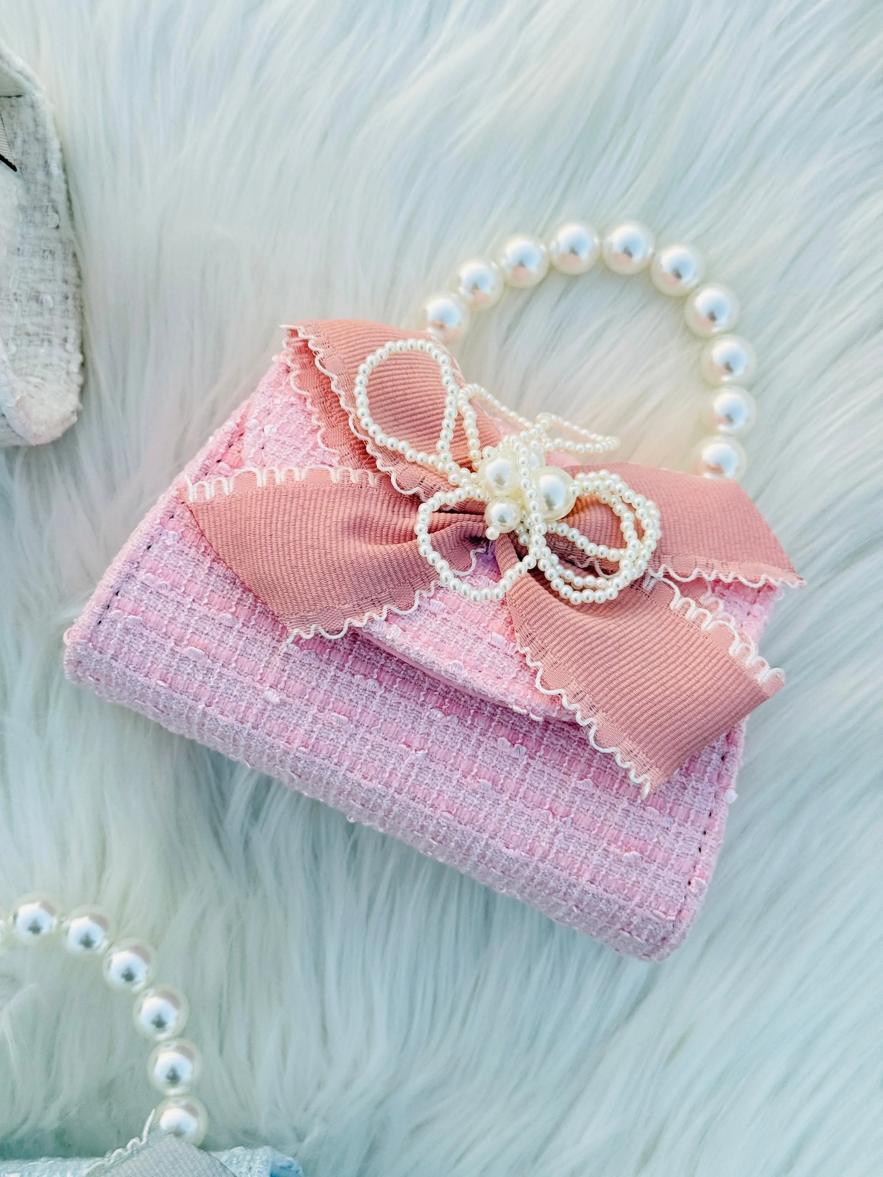 Pearl Handle Tweed Mini Handbag for Girls Bow Ribbon Crossbody Purse Cute Fashion Shoulder Bag Sparkels  Sparkels