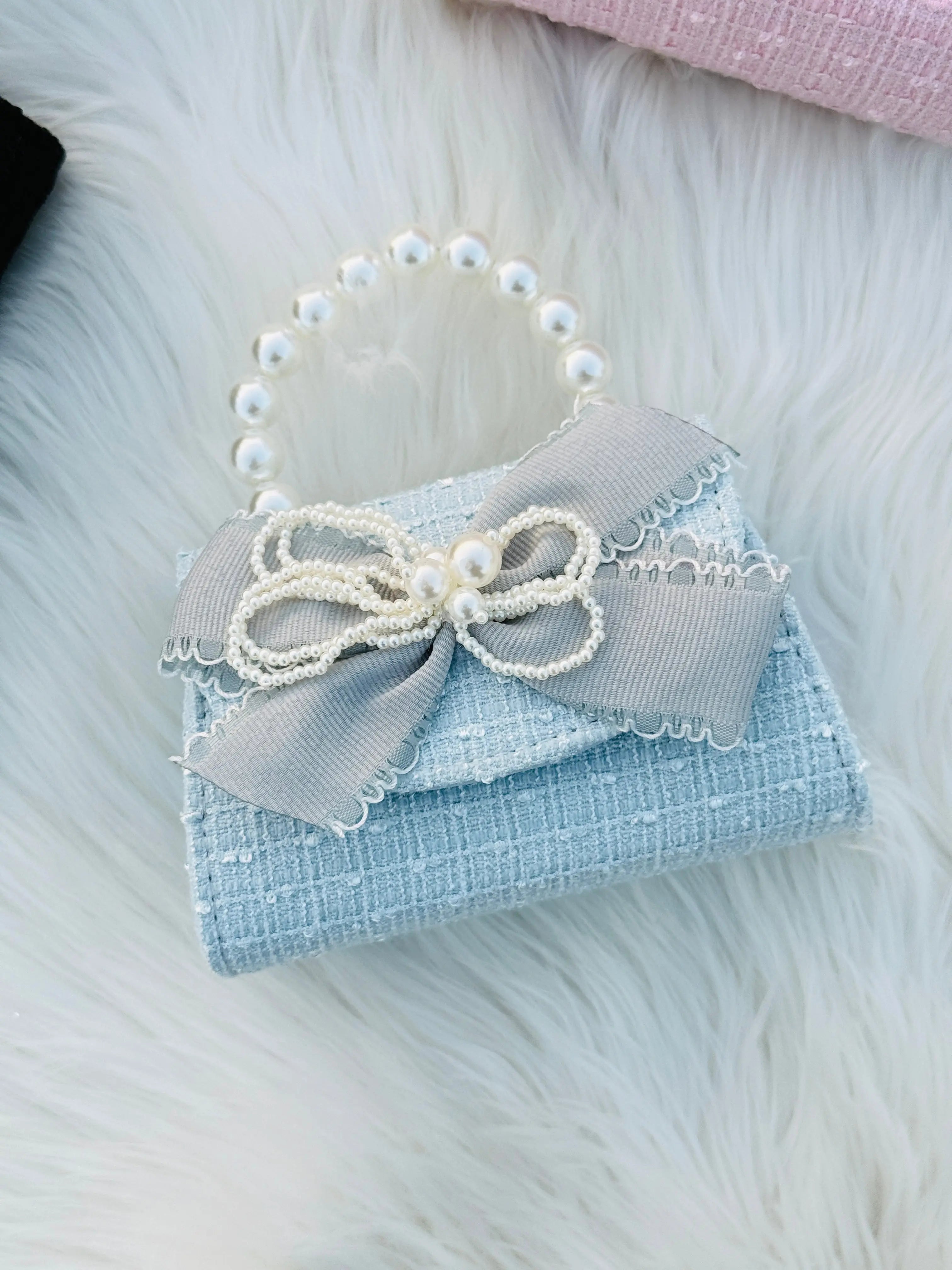 Pearl Handle Tweed Mini Handbag for Girls Bow Ribbon Crossbody Purse Cute Fashion Shoulder Bag Sparkels  Sparkels