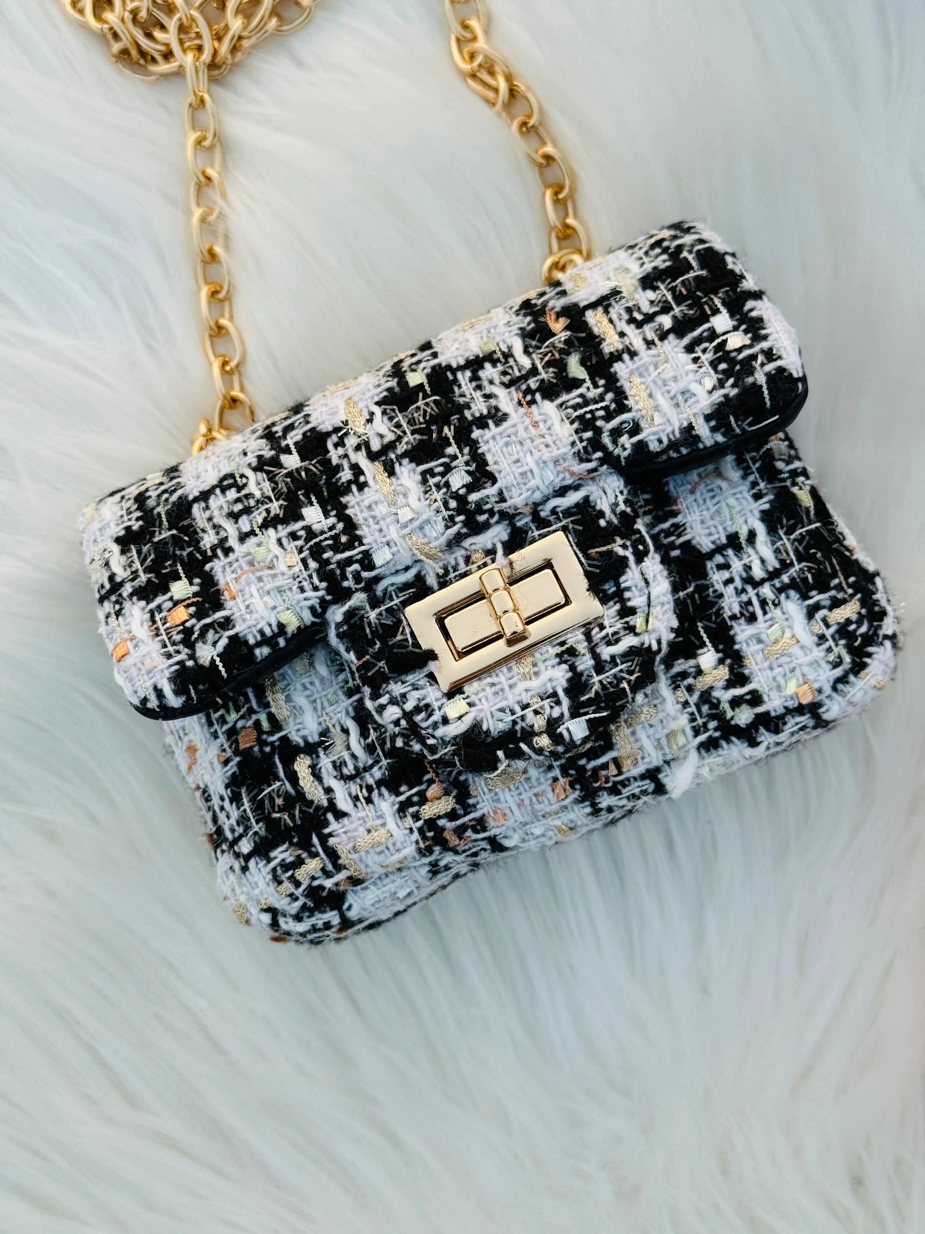 Luxury Tweed Mini Crossbody Handbag for Girls & Women Pearl Chain Shoulder Bag Sparkels  Sparkels