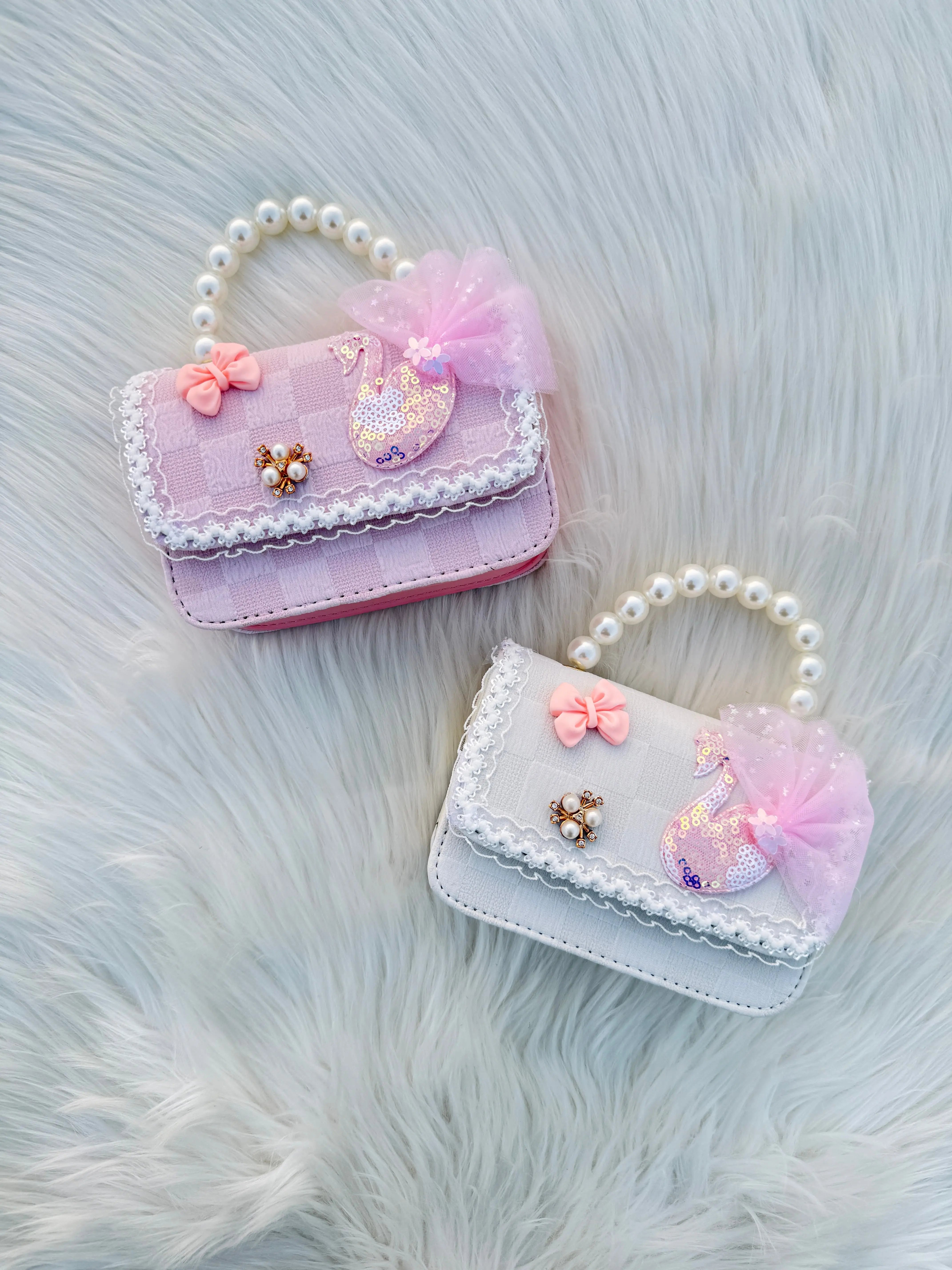 Pearl Handle Swan Princess Mini Handbag for Girls Cute Lace Bow Purse Sparkels  Sparkels