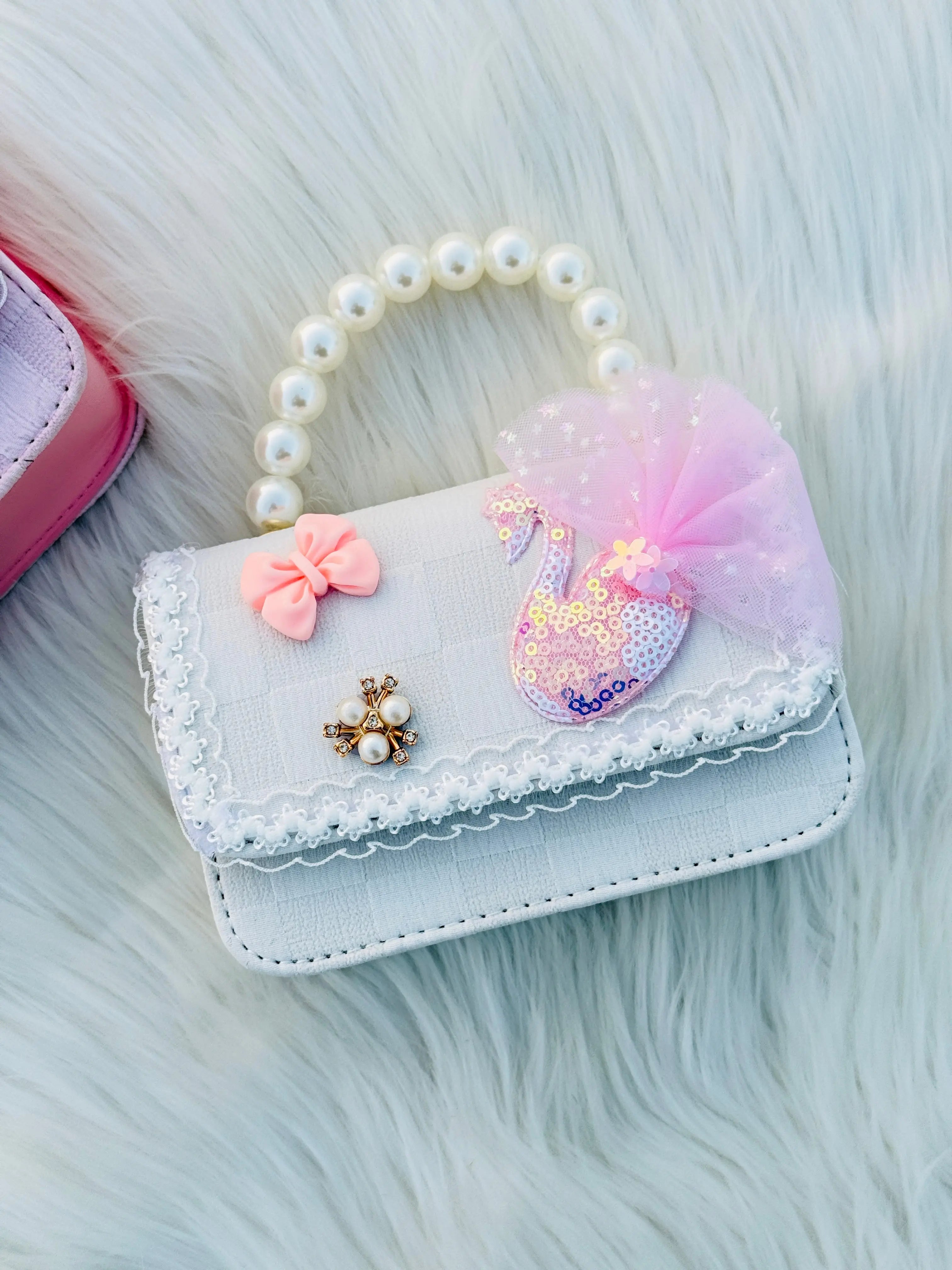 Pearl Handle Swan Princess Mini Handbag for Girls Cute Lace Bow Purse Sparkels  Sparkels