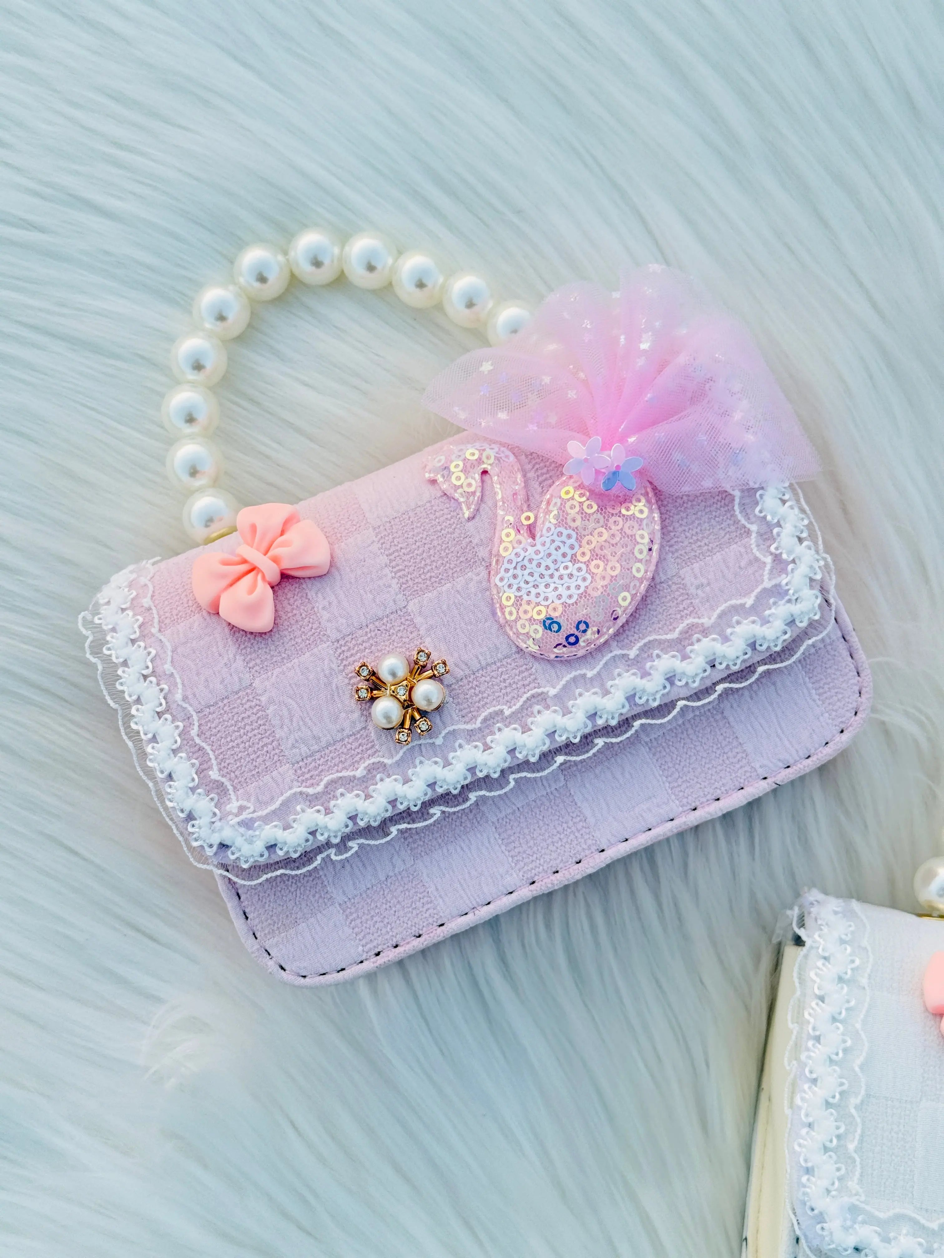 Pearl Handle Swan Princess Mini Handbag for Girls Cute Lace Bow Purse Sparkels  Sparkels