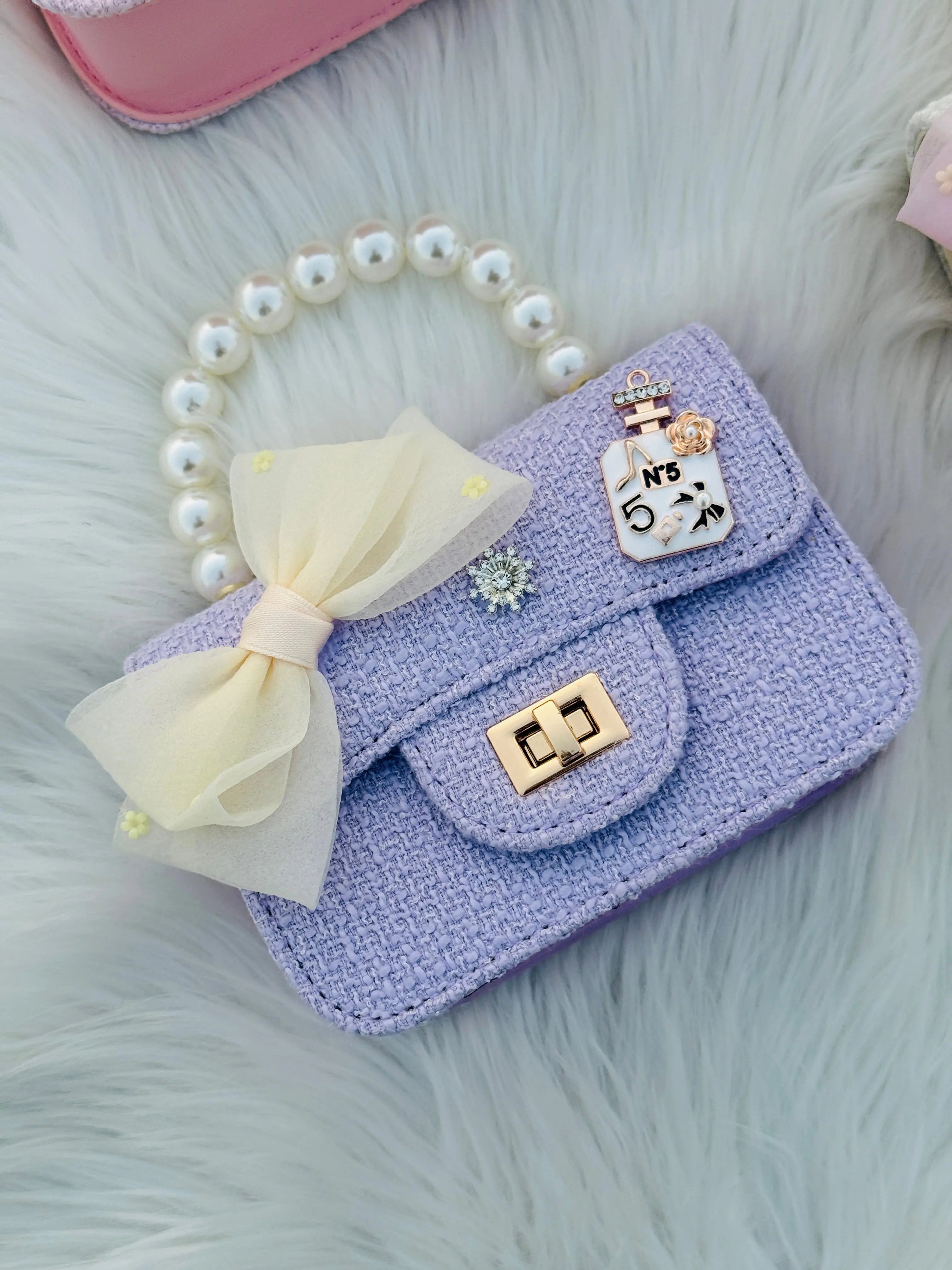 Pearl Handle Mini Tweed Bow Bag Cute Girls Crossbody & Handbag Sparkels  Sparkels