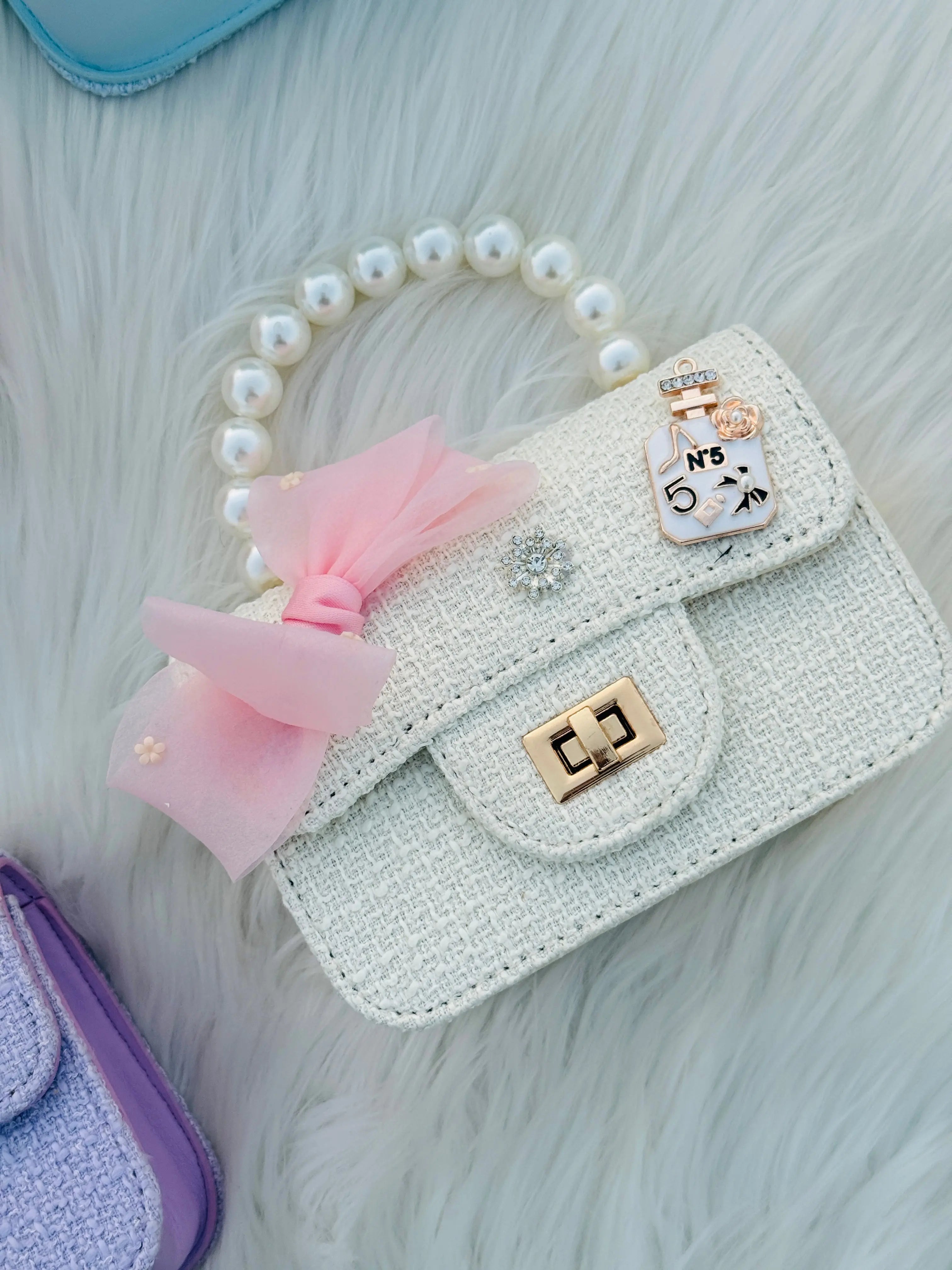 Pearl Handle Mini Tweed Bow Bag Cute Girls Crossbody & Handbag Sparkels  Sparkels