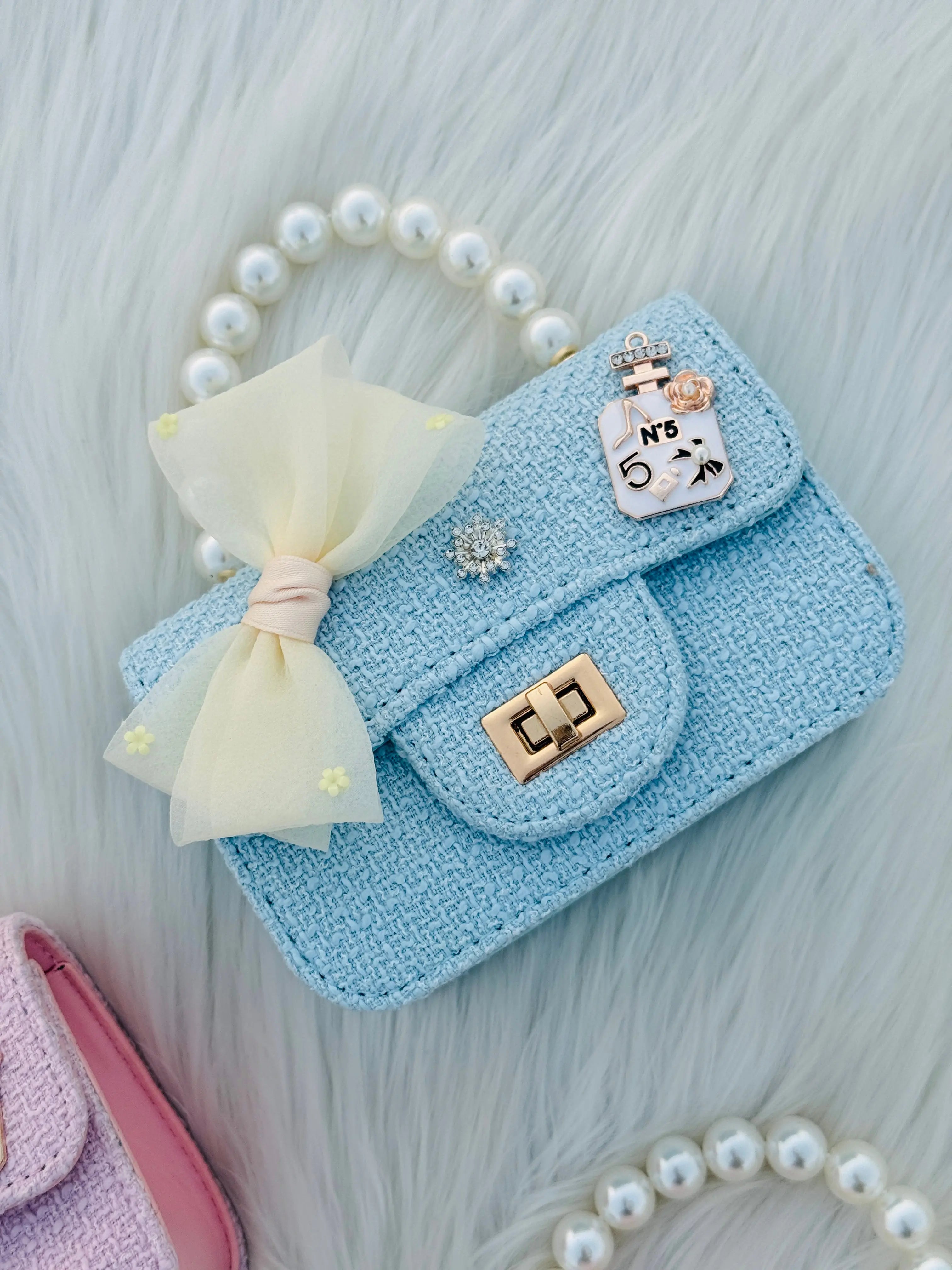 Pearl Handle Mini Tweed Bow Bag Cute Girls Crossbody & Handbag Sparkels  Sparkels