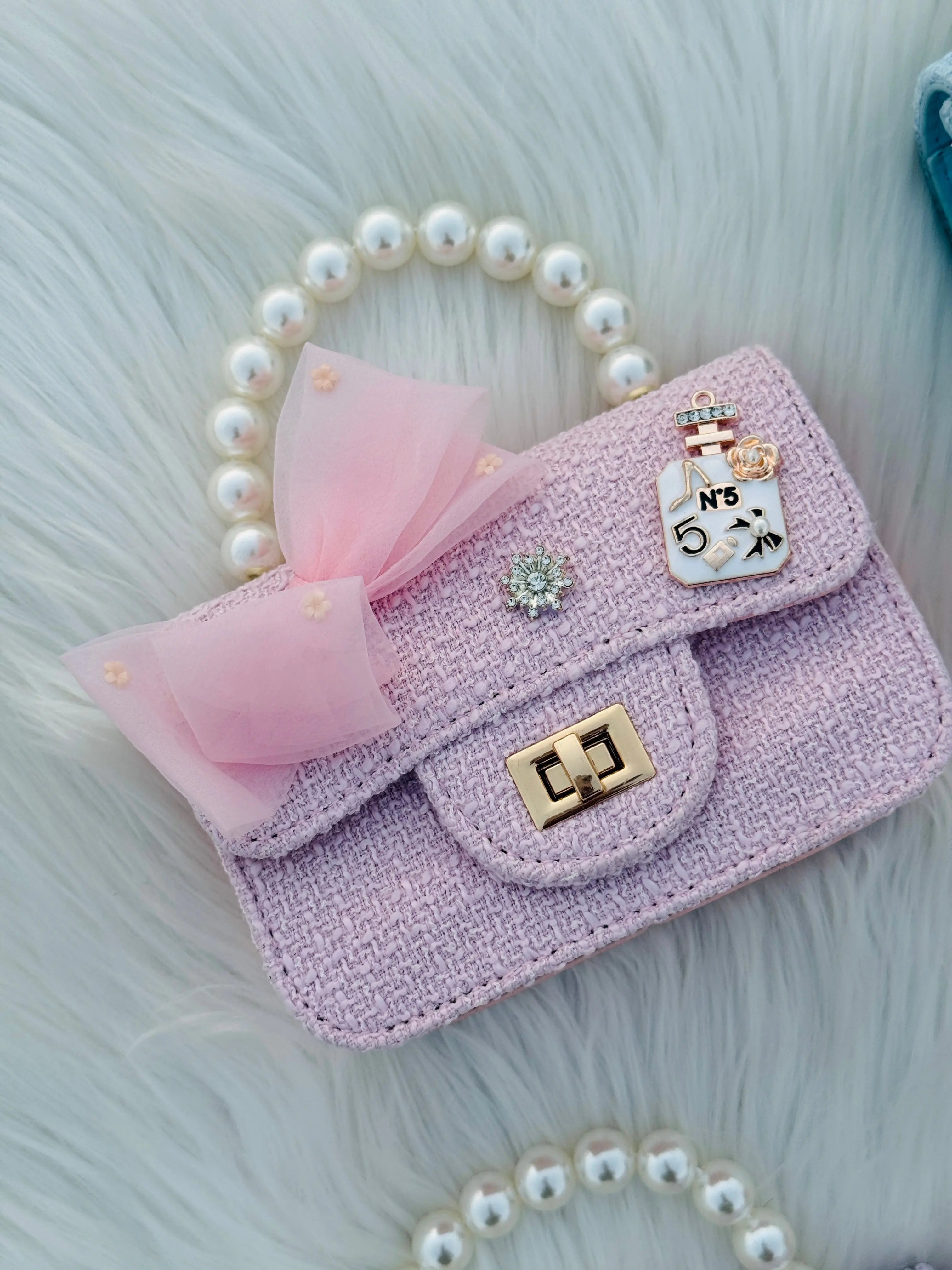 Pearl Handle Mini Tweed Bow Bag Cute Girls Crossbody & Handbag Sparkels  Sparkels