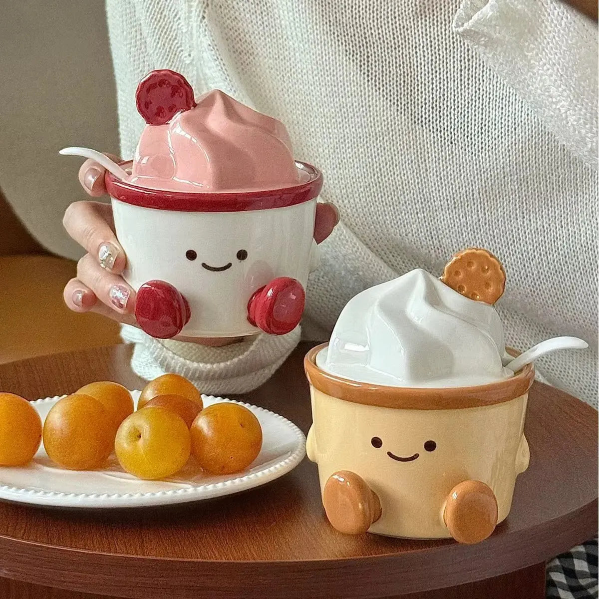Cute Ceramic Dessert Cup with Lid & Spoon