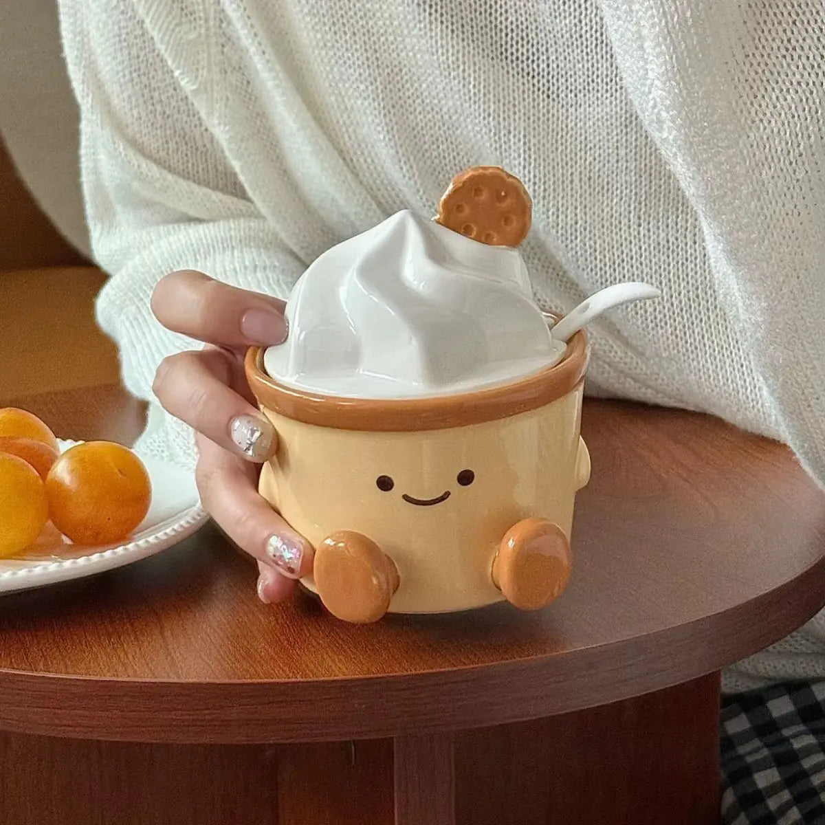 Cute Ceramic Dessert Cup with Lid & Spoon