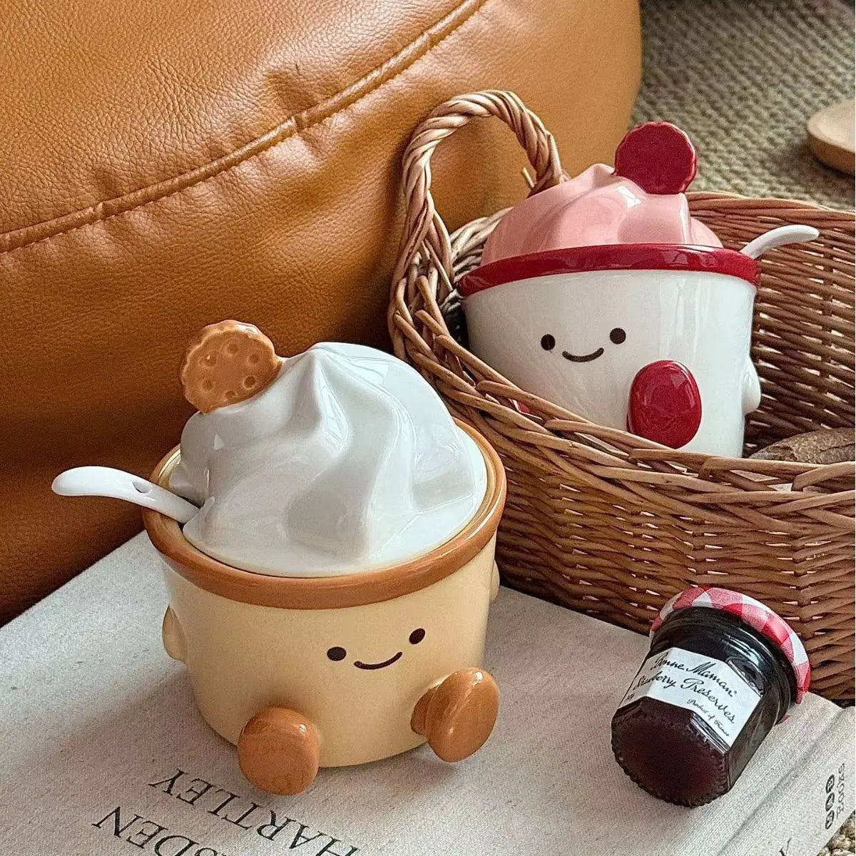 Cute Ceramic Dessert Cup with Lid & Spoon