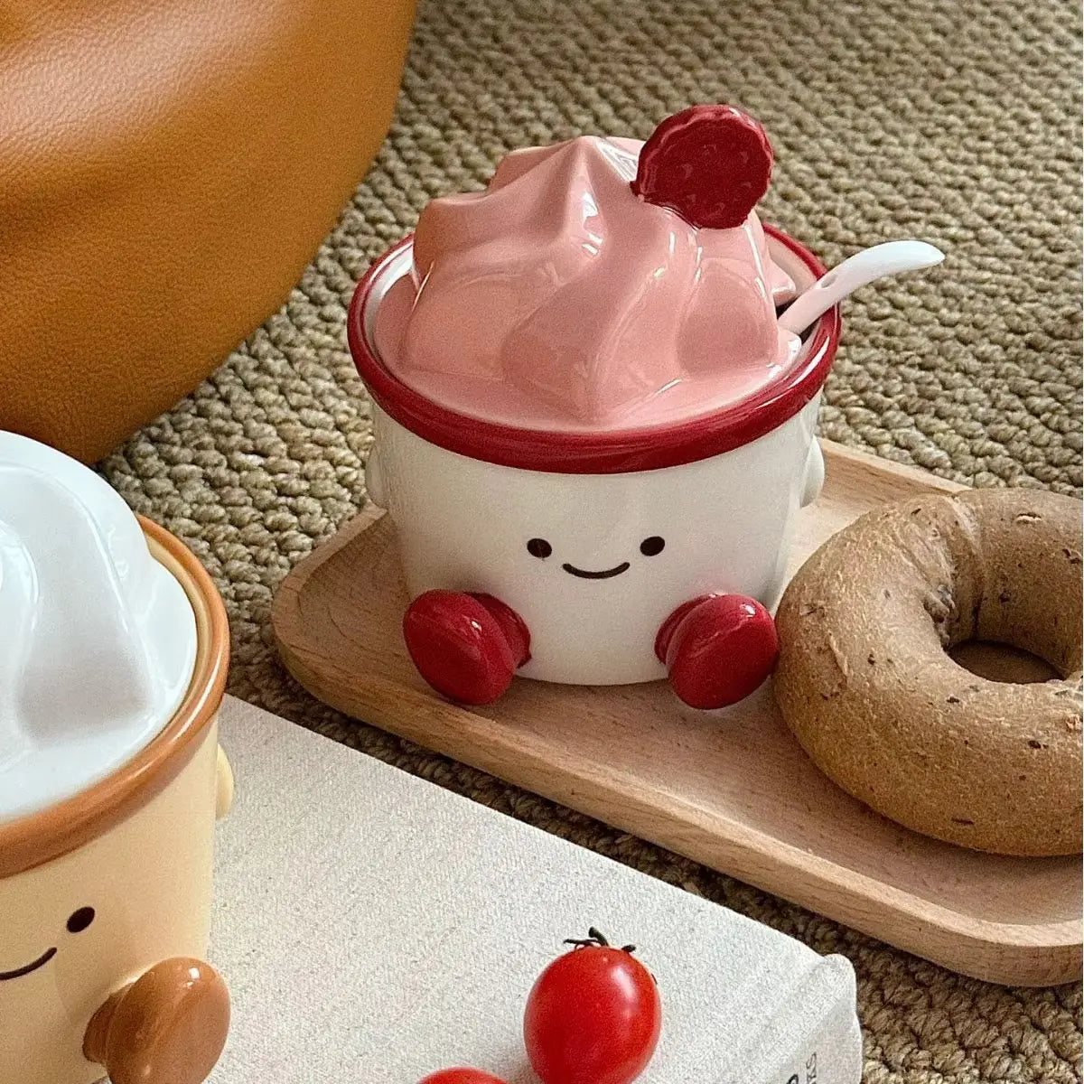 Cute Ceramic Dessert Cup with Lid & Spoon