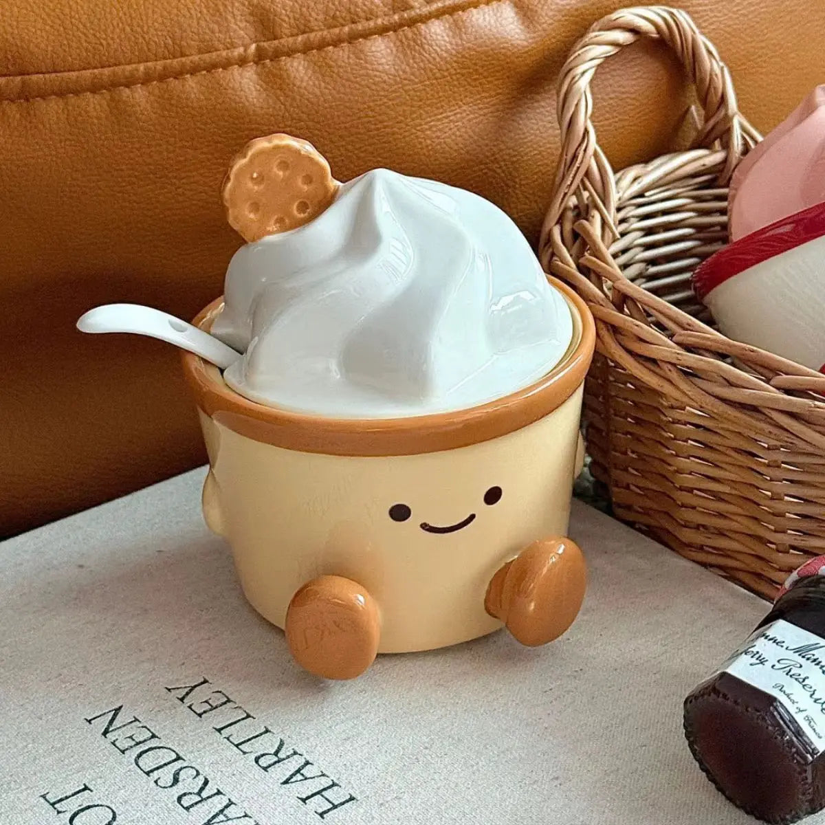 Cute Ceramic Dessert Cup with Lid & Spoon