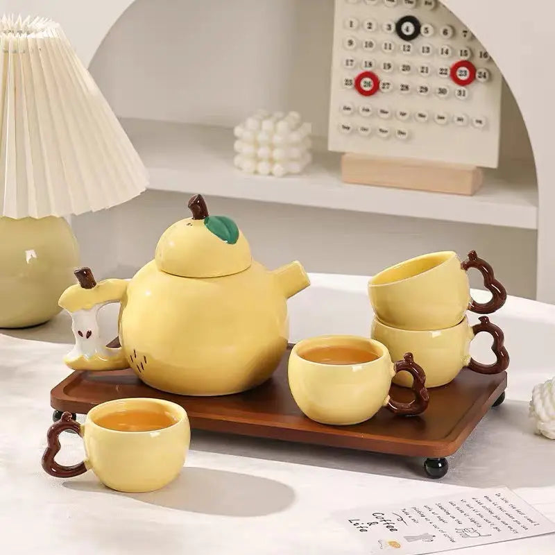 Pear Shaped Ceramic Tea Set with 4 Cups & Wooden Tray