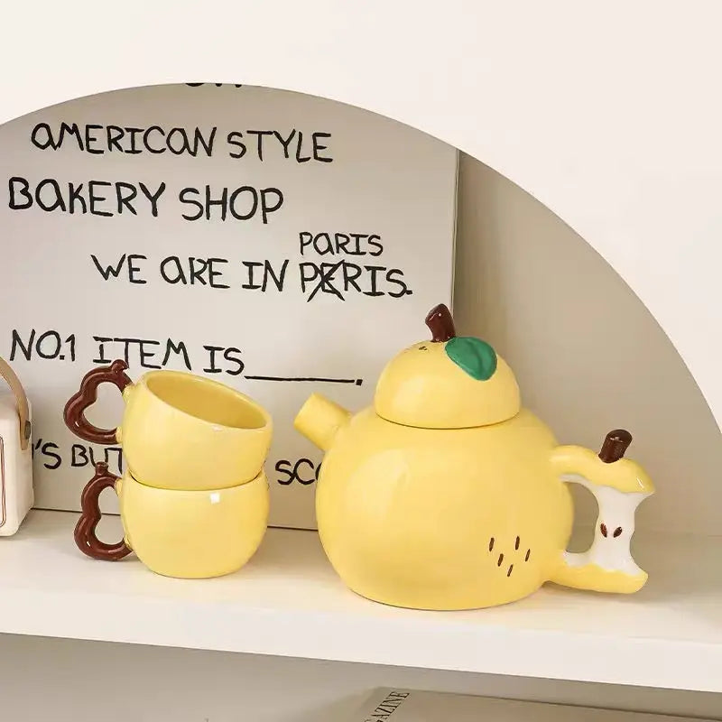 Pear Shaped Ceramic Tea Set with 4 Cups & Wooden Tray