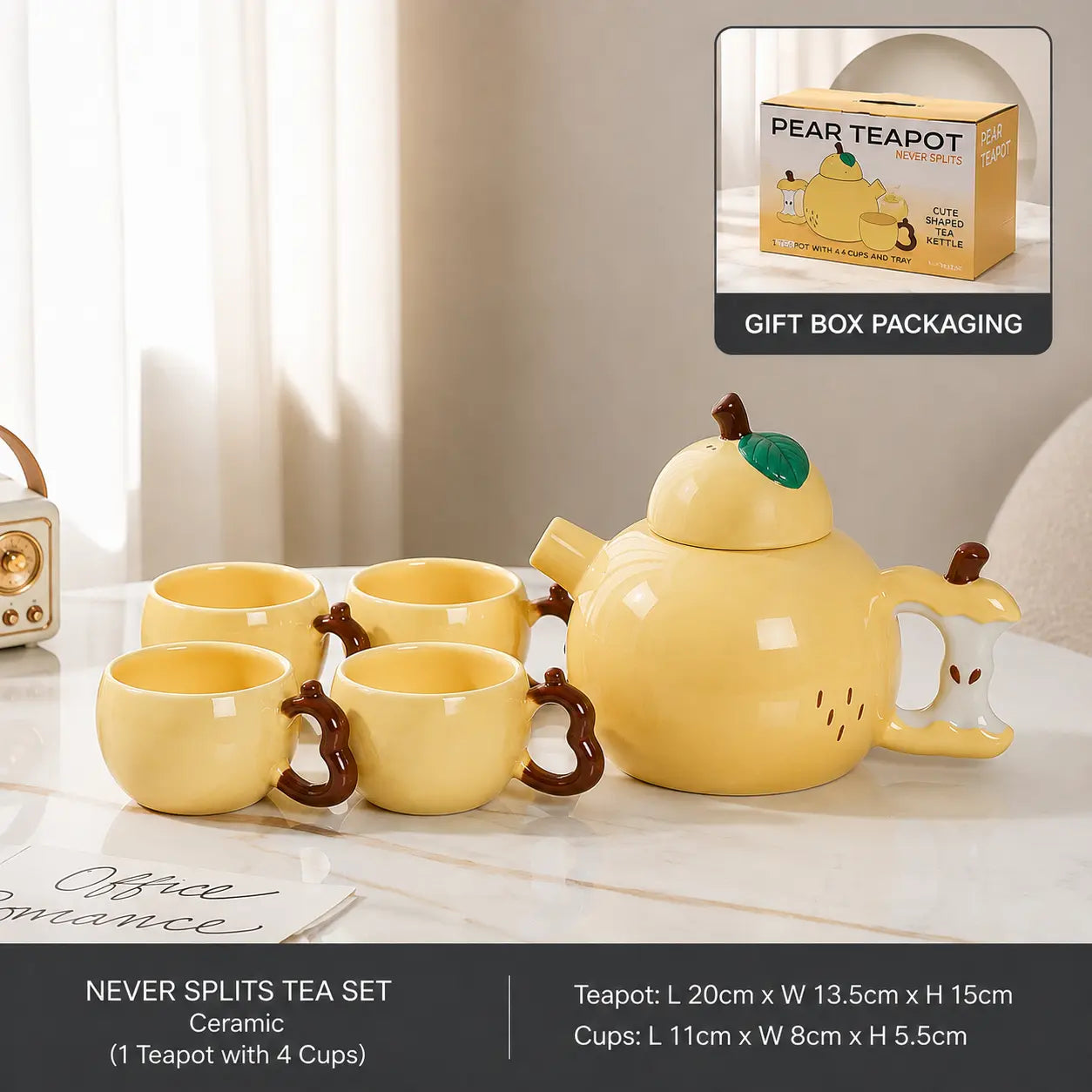 Pear Shaped Ceramic Tea Set with 4 Cups & Wooden Tray