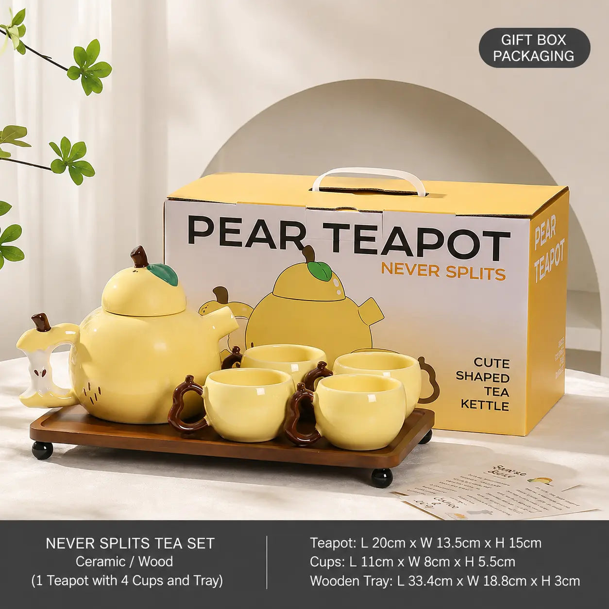 Pear Shaped Ceramic Tea Set with 4 Cups & Wooden Tray