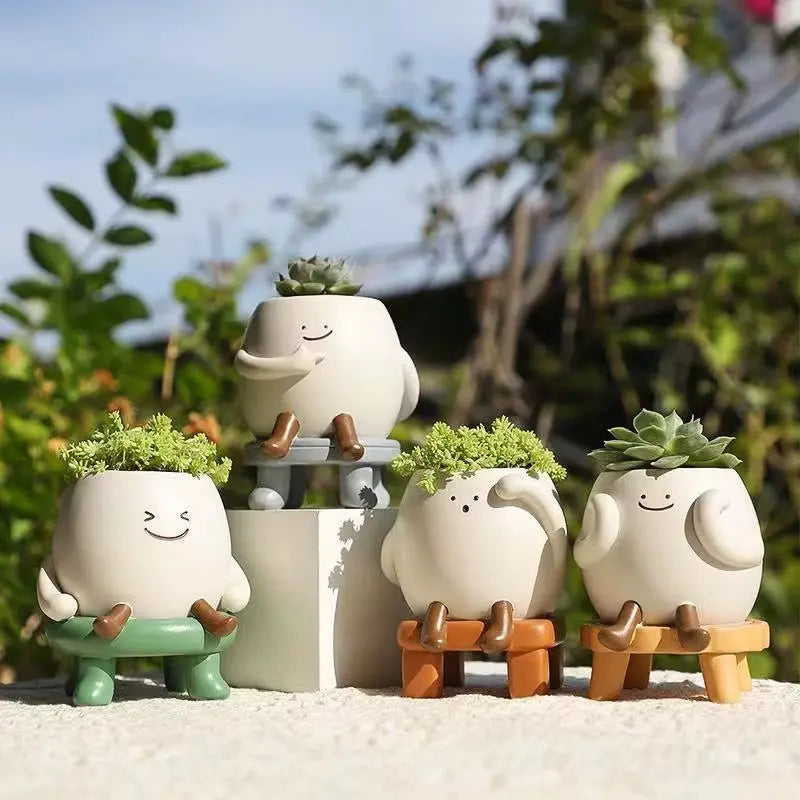 Cute Relaxed Character Mini Planter with Stool