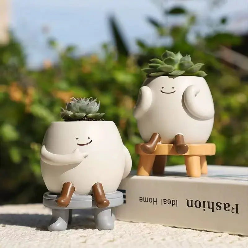 Cute Relaxed Character Mini Planter with Stool