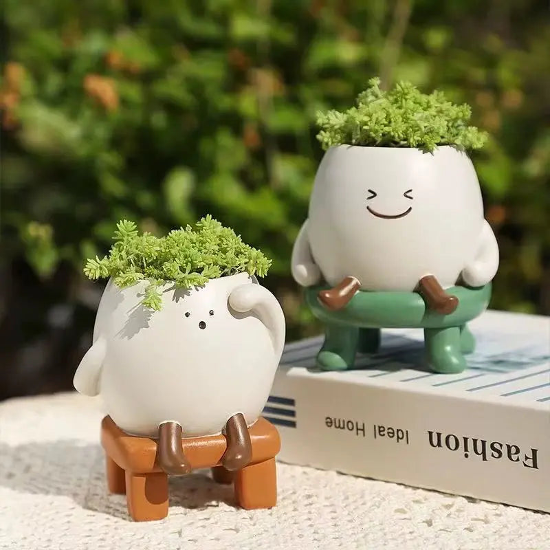 Cute Relaxed Character Mini Planter with Stool