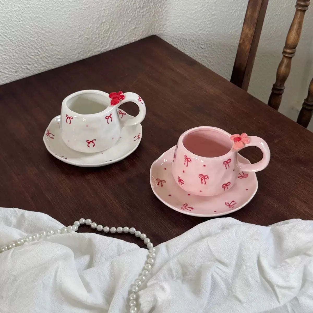 Red Bow Ceramic Coffee Mug with Matching Saucer