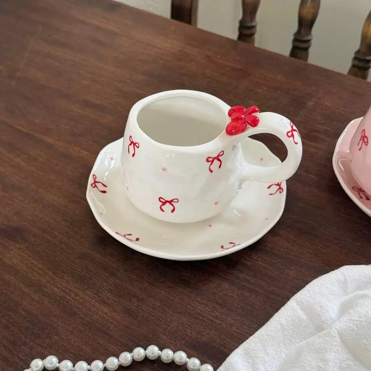 Red Bow Ceramic Coffee Mug with Matching Saucer