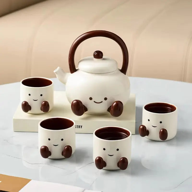 Cute Ceramic Tea Set with 4 Cups, Teapot & Wooden Tray 6 Piece Gift Set