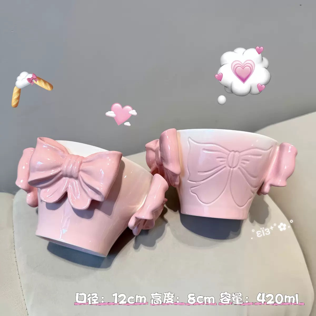 Handmade Cute Pink Bow Ceramic Mug 420ml Kawaii Ribbon Coffee Cup Princess Aesthetic Tea Mug