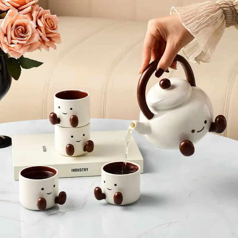 Cute Ceramic Tea Set with 4 Cups, Teapot & Wooden Tray 6 Piece Gift Set