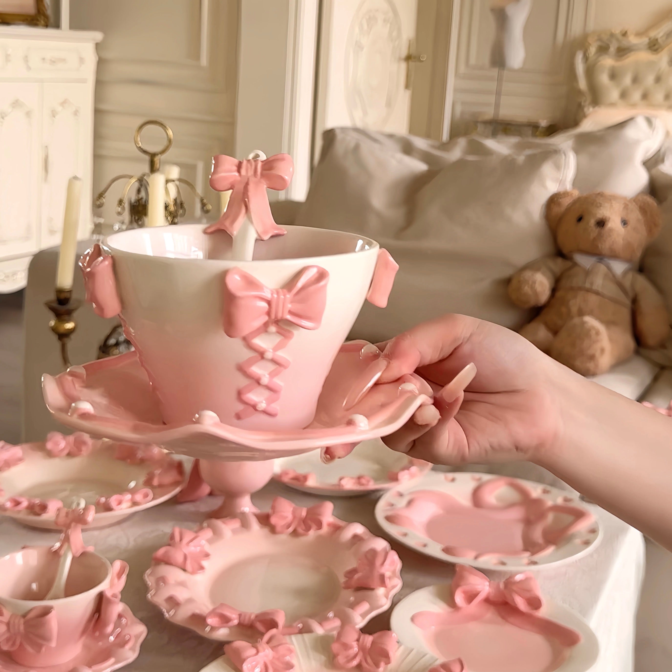 Handmade Kawaii Pink Bow Ceramic Cup & Saucer Set Coquette Princess Tea Cup 420ml Aesthetic Coffee Mug Set