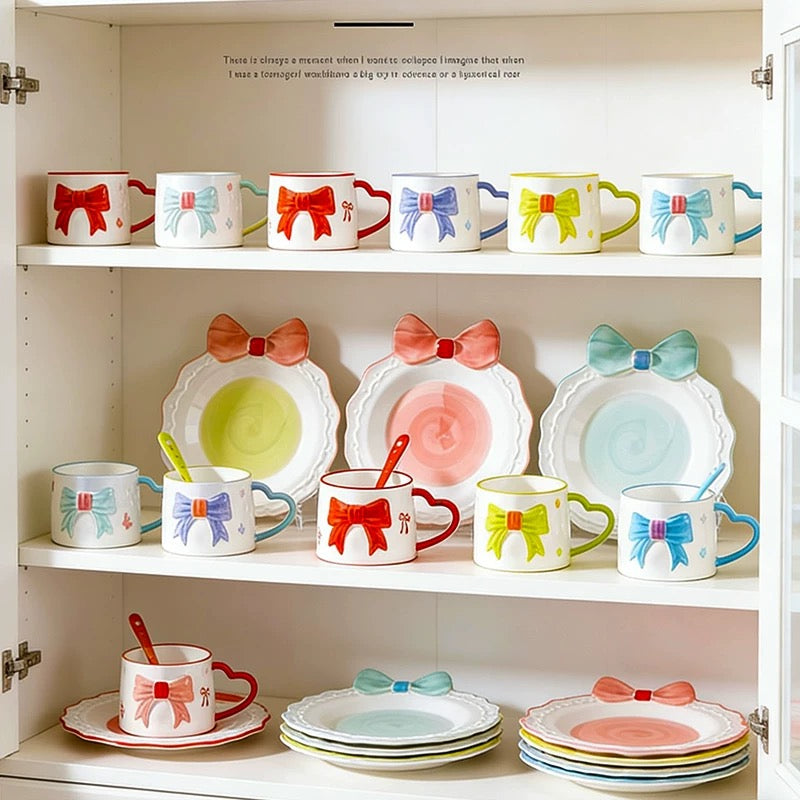 Kawaii Blue Bow Ceramic Mug Set with Plate & Spoon Princess Tea Cup Set 320ml Cute Aesthetic Coffee Cup