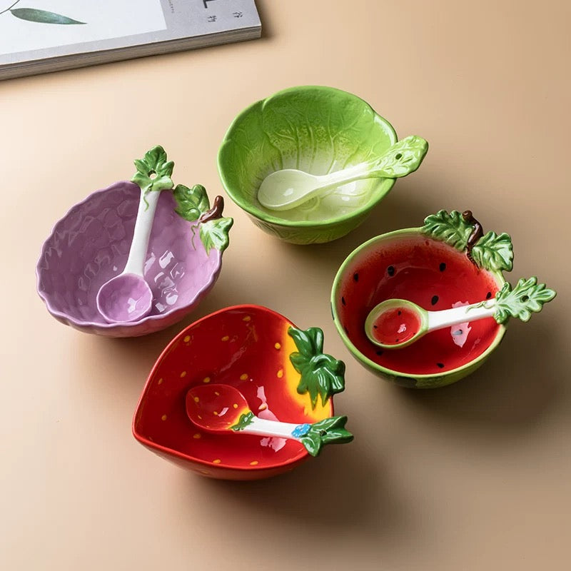 Cute Fruit Ceramic Bowl with Spoon