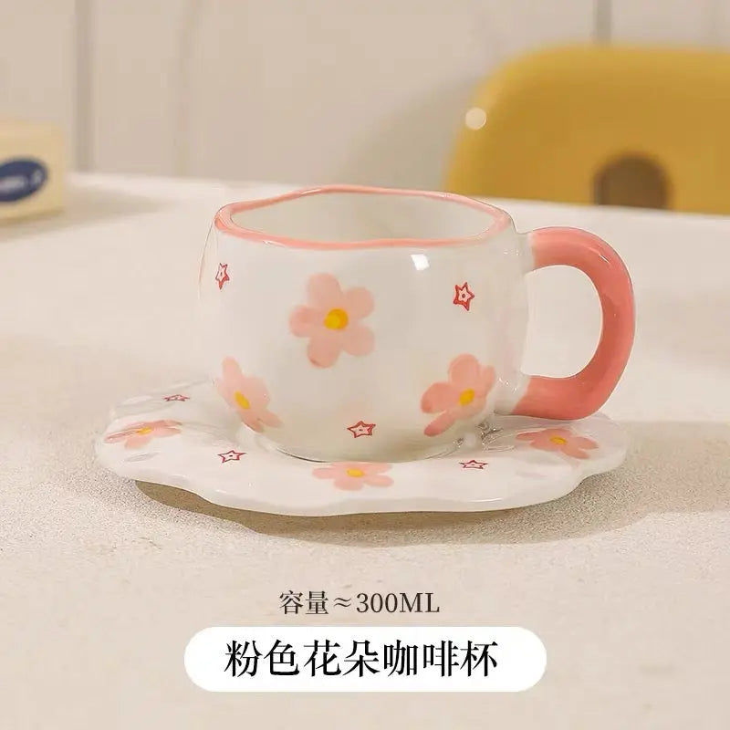 Pink Floral Ceramic Coffee Mug with Matching Saucer – 300ml