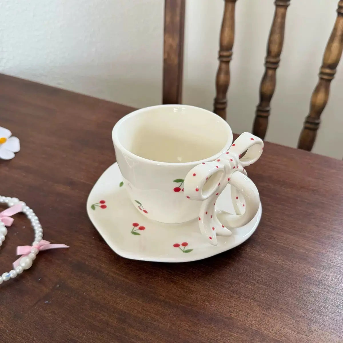 Cherry Bow Ceramic Coffee Mug with Matching Saucer