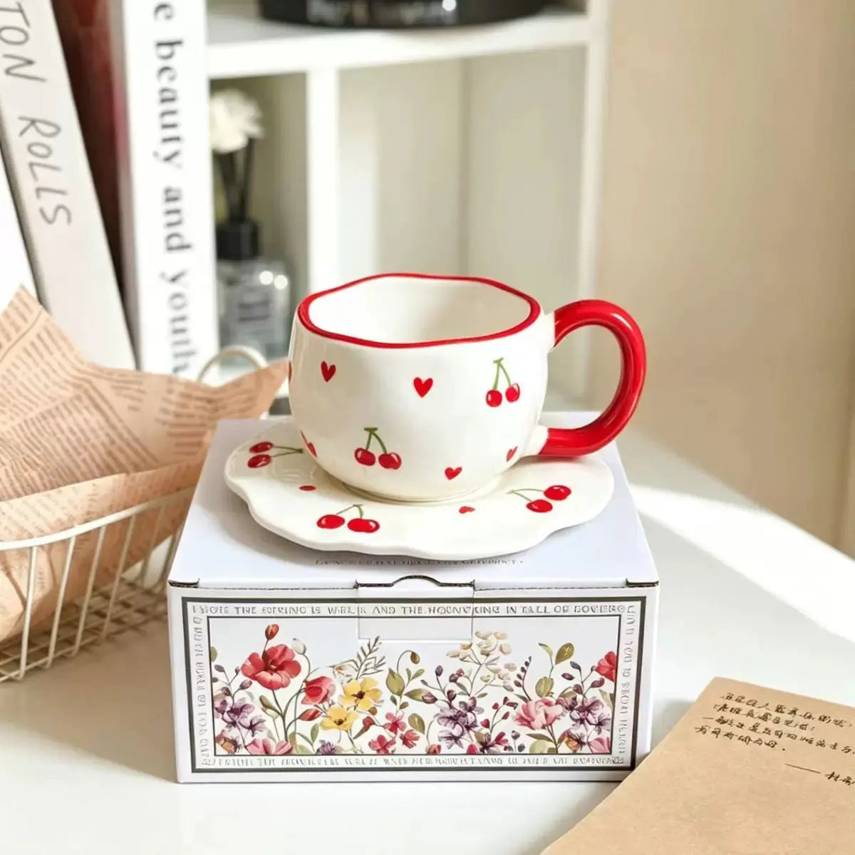 Cherry Ceramic Coffee Mug with Matching Saucer – 300ml