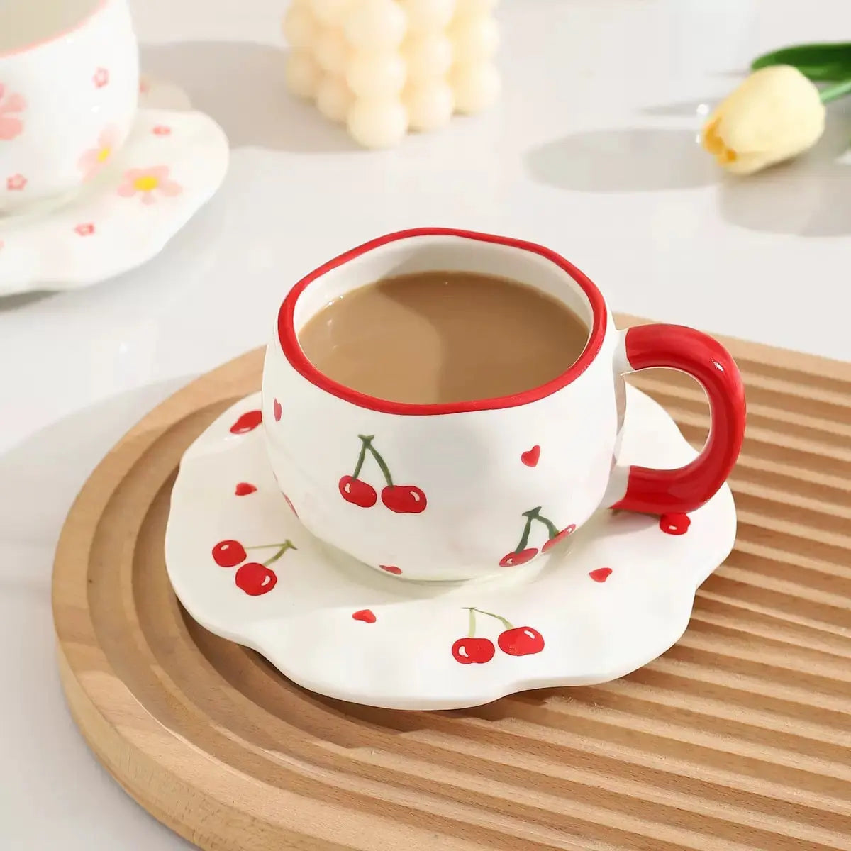 Cherry Ceramic Coffee Mug with Matching Saucer – 300ml