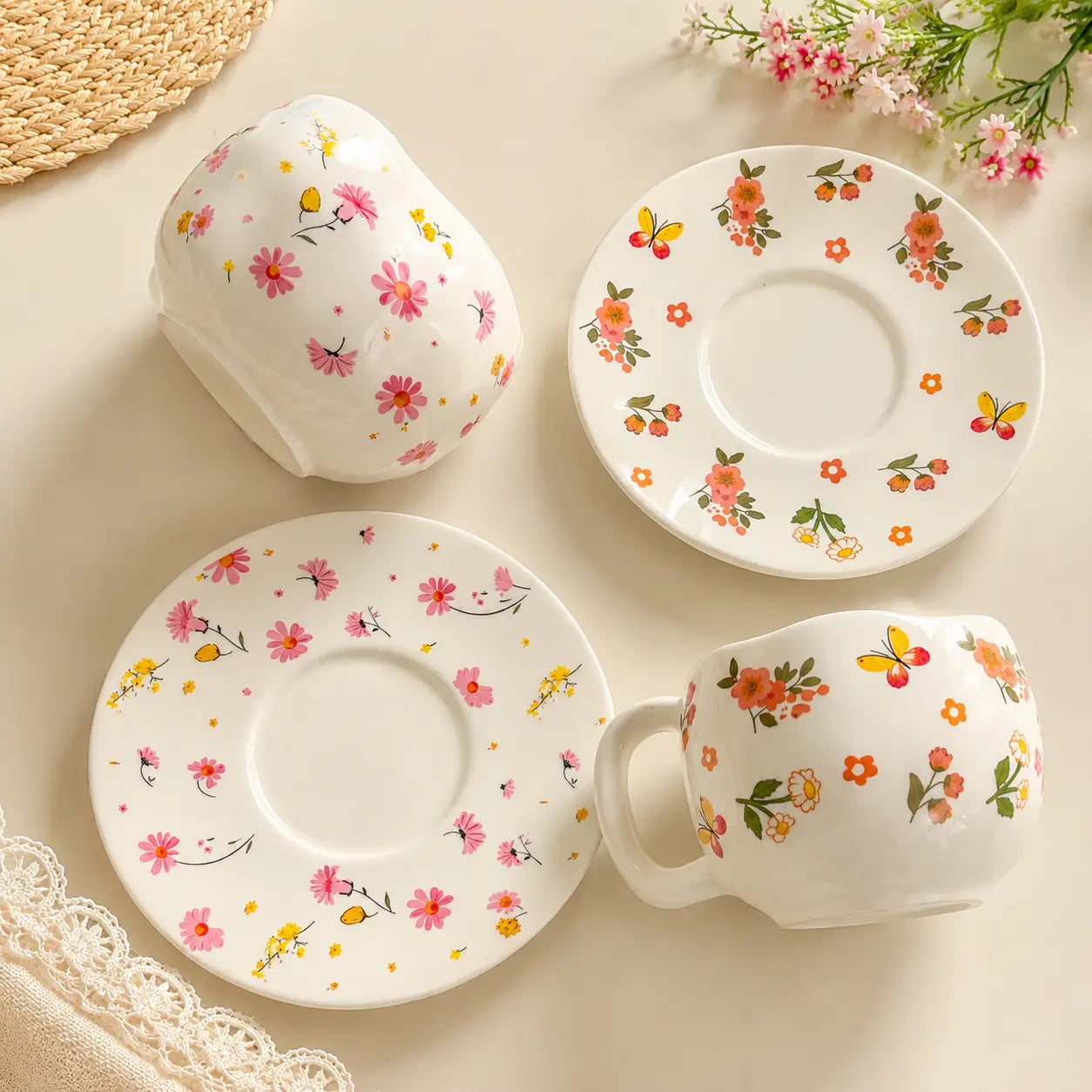 Floral Ceramic Coffee Cup & Saucer Set