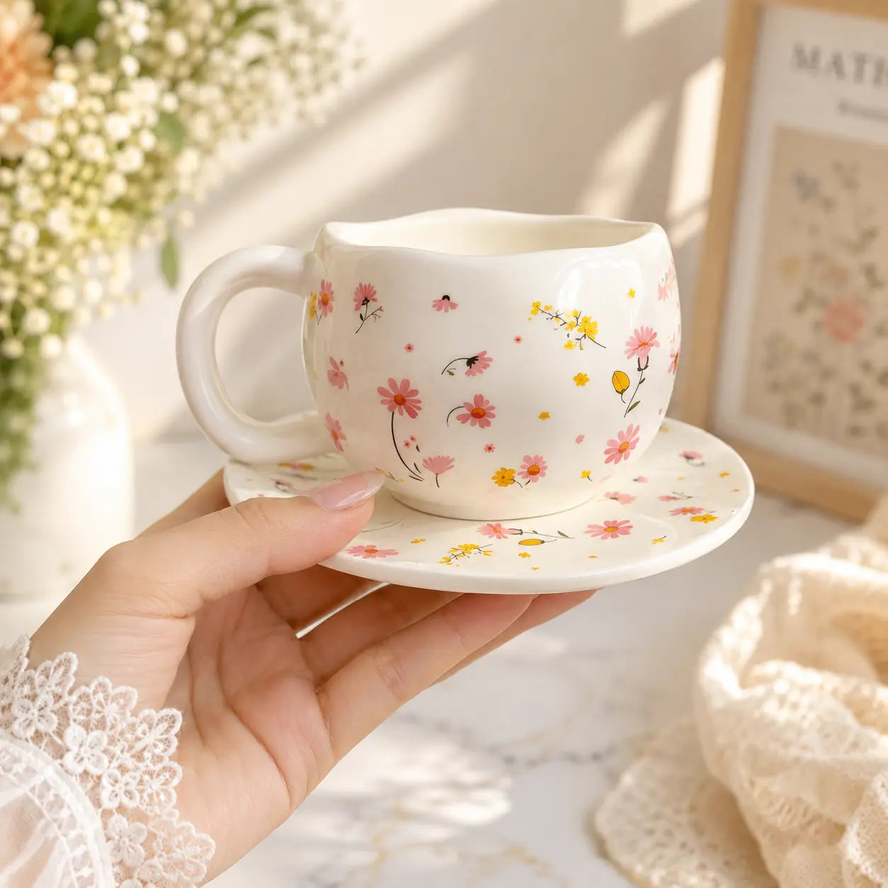 Floral Ceramic Coffee Cup & Saucer Set