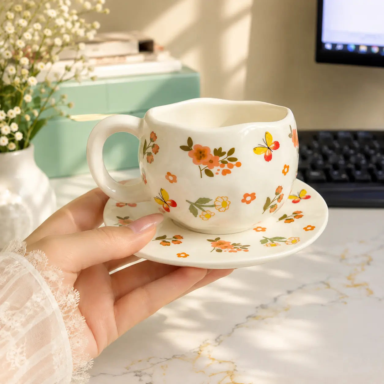 Floral Ceramic Coffee Cup & Saucer Set