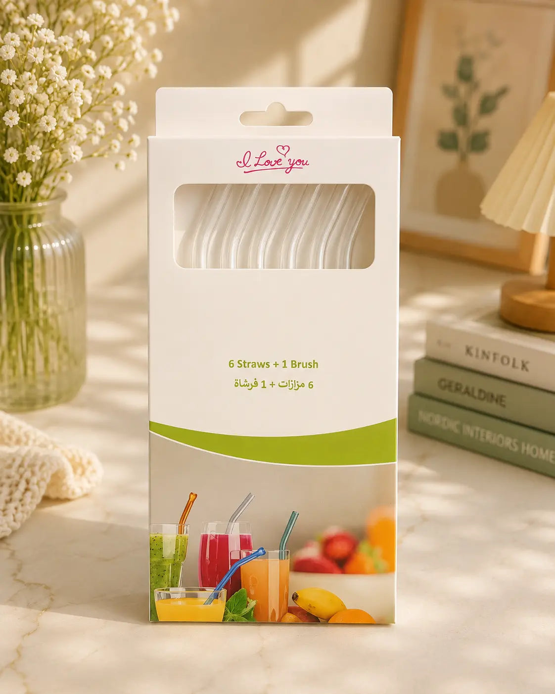 6 Piece Reusable Clear Glass Straw Set with Cleaning Brushes