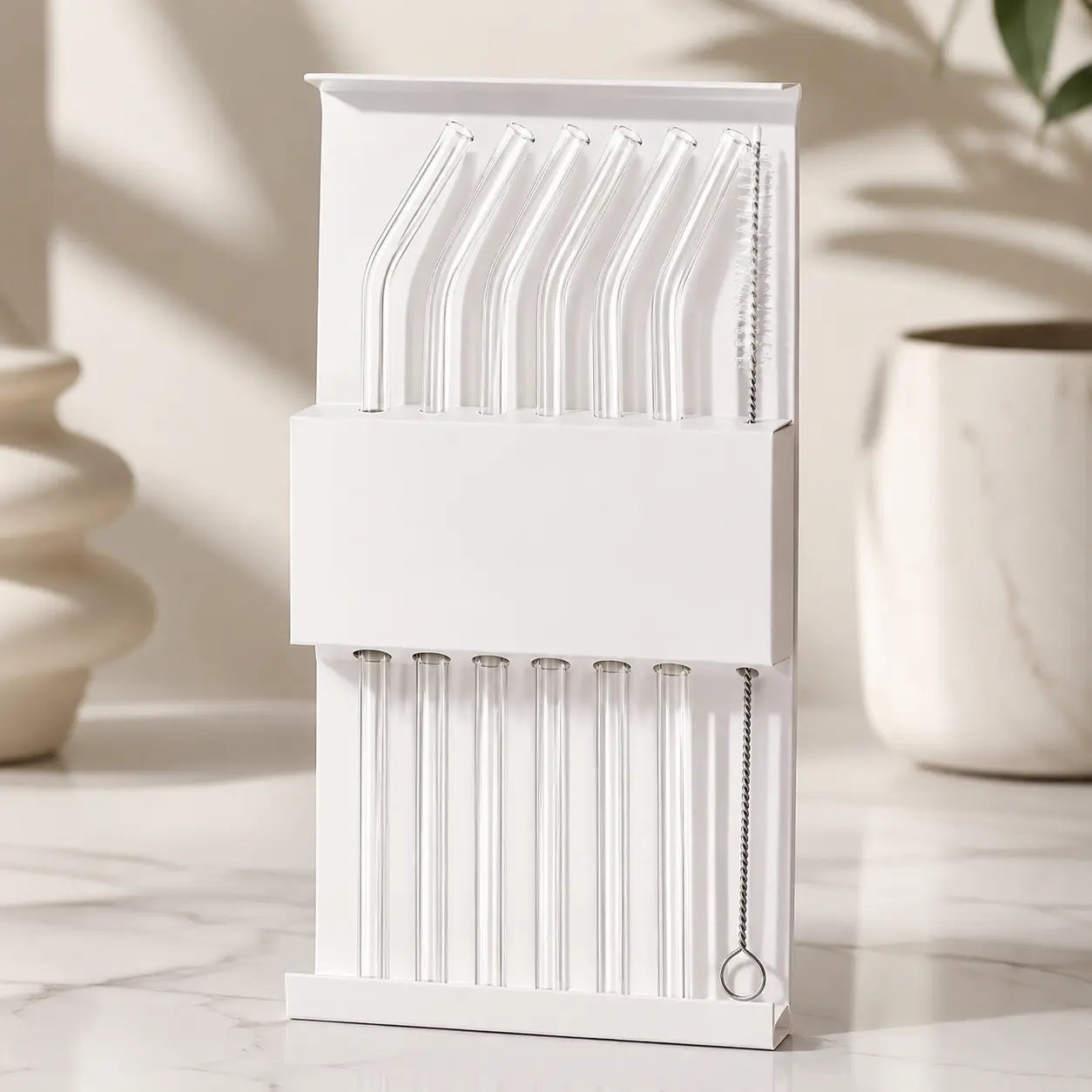 6 Piece Reusable Clear Glass Straw Set with Cleaning Brushes