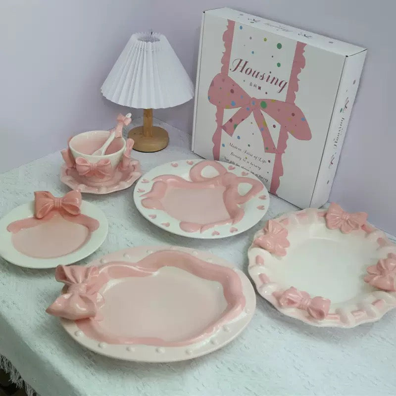 Handmade Pink Bow Ceramic Dinnerware Coquette Princess Dessert Plates Kawaii Aesthetic Tableware Gift Set