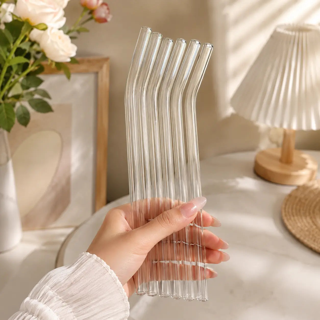 6 Piece Reusable Clear Glass Straw Set with Cleaning Brushes