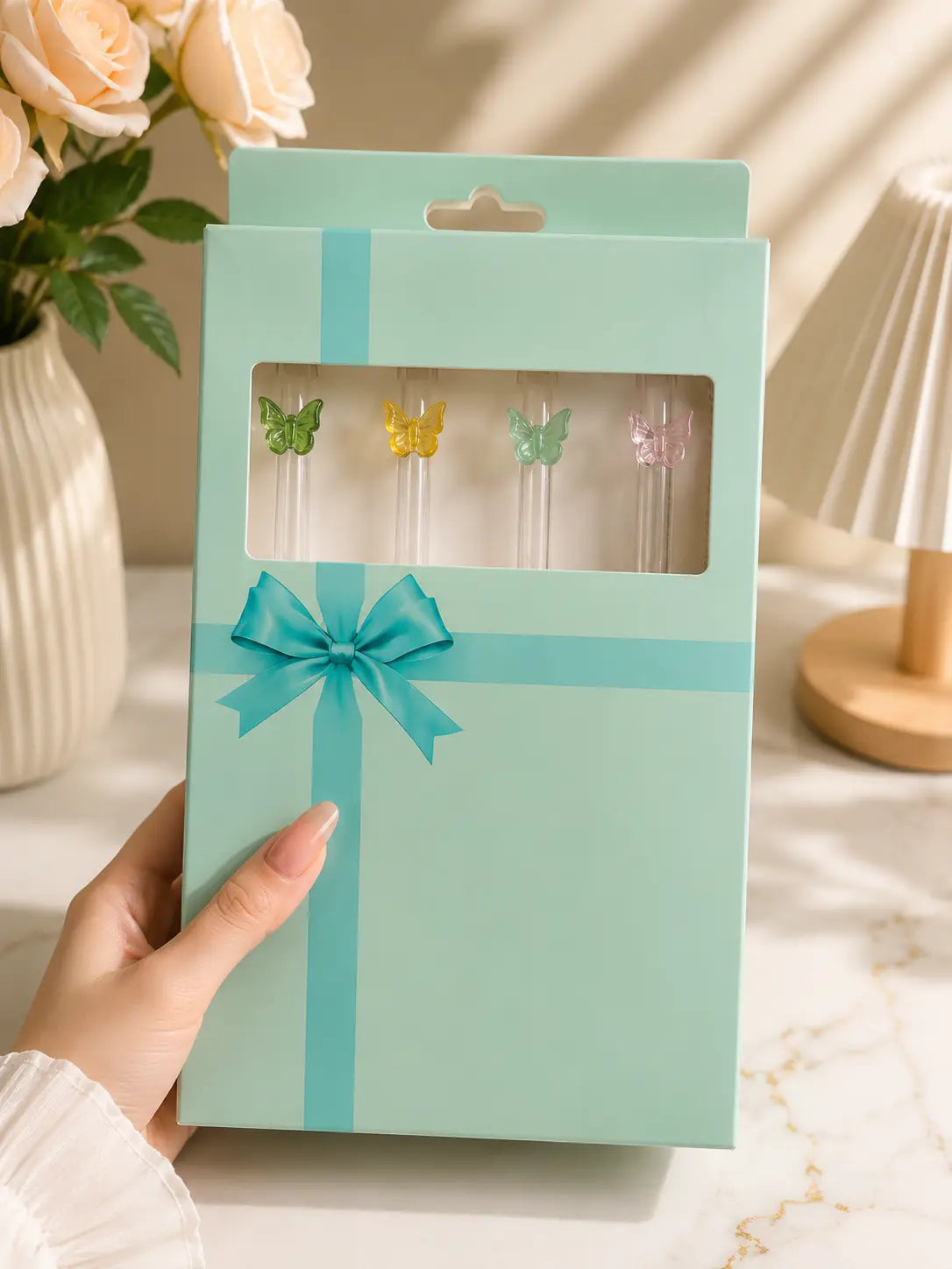 4 Piece Reusable Glass Straw Set with Butterfly Charms & Cleaning Brush