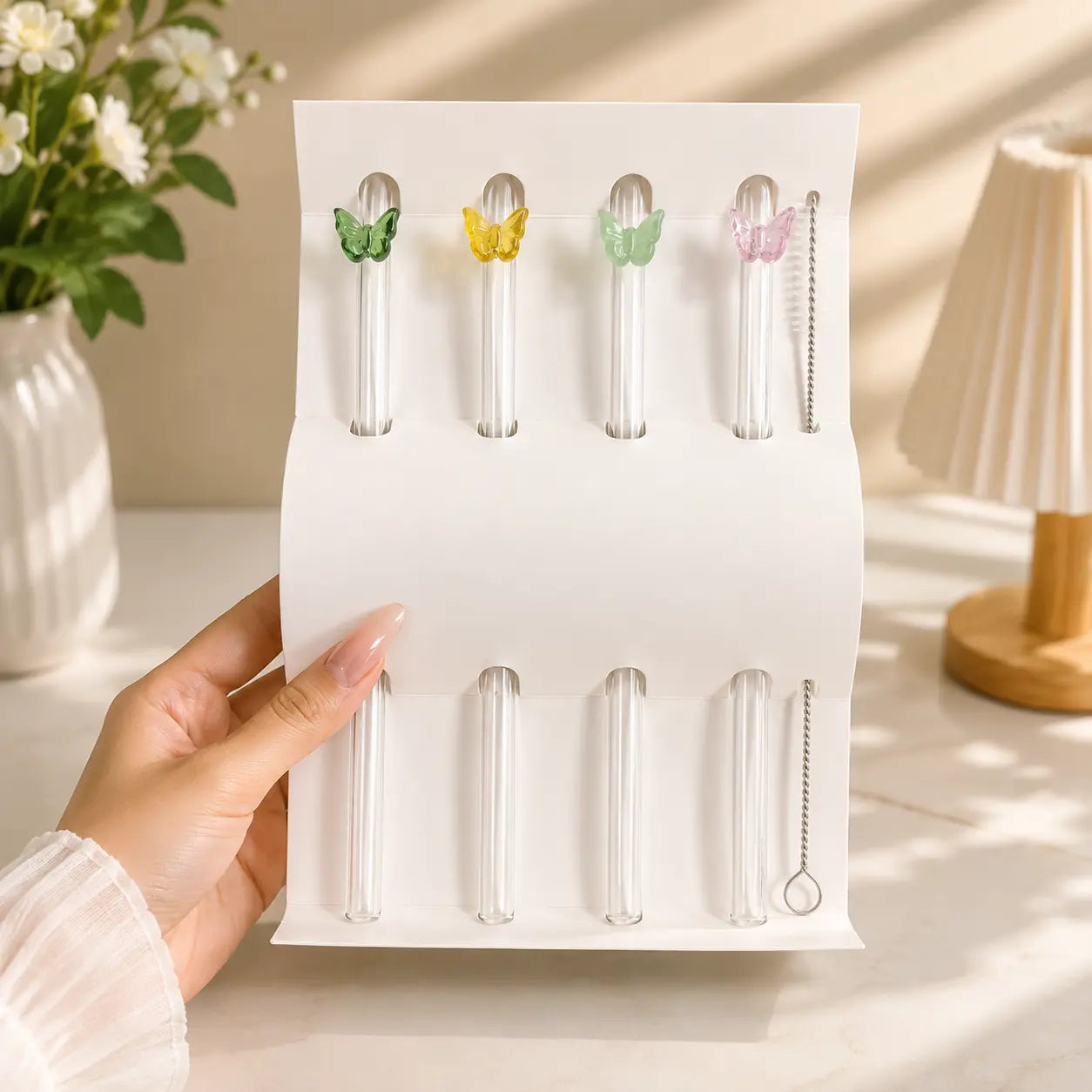 4 Piece Reusable Glass Straw Set with Butterfly Charms & Cleaning Brush