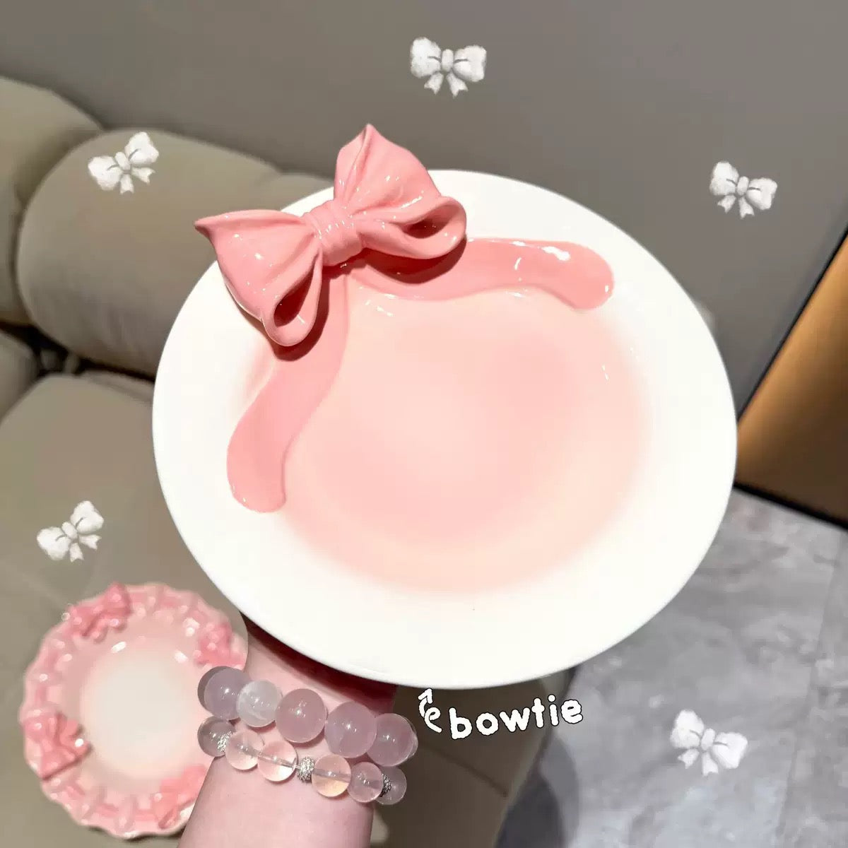 Handmade Pink Bow Ceramic Dinnerware Coquette Princess Dessert Plates Kawaii Aesthetic Tableware Gift Set