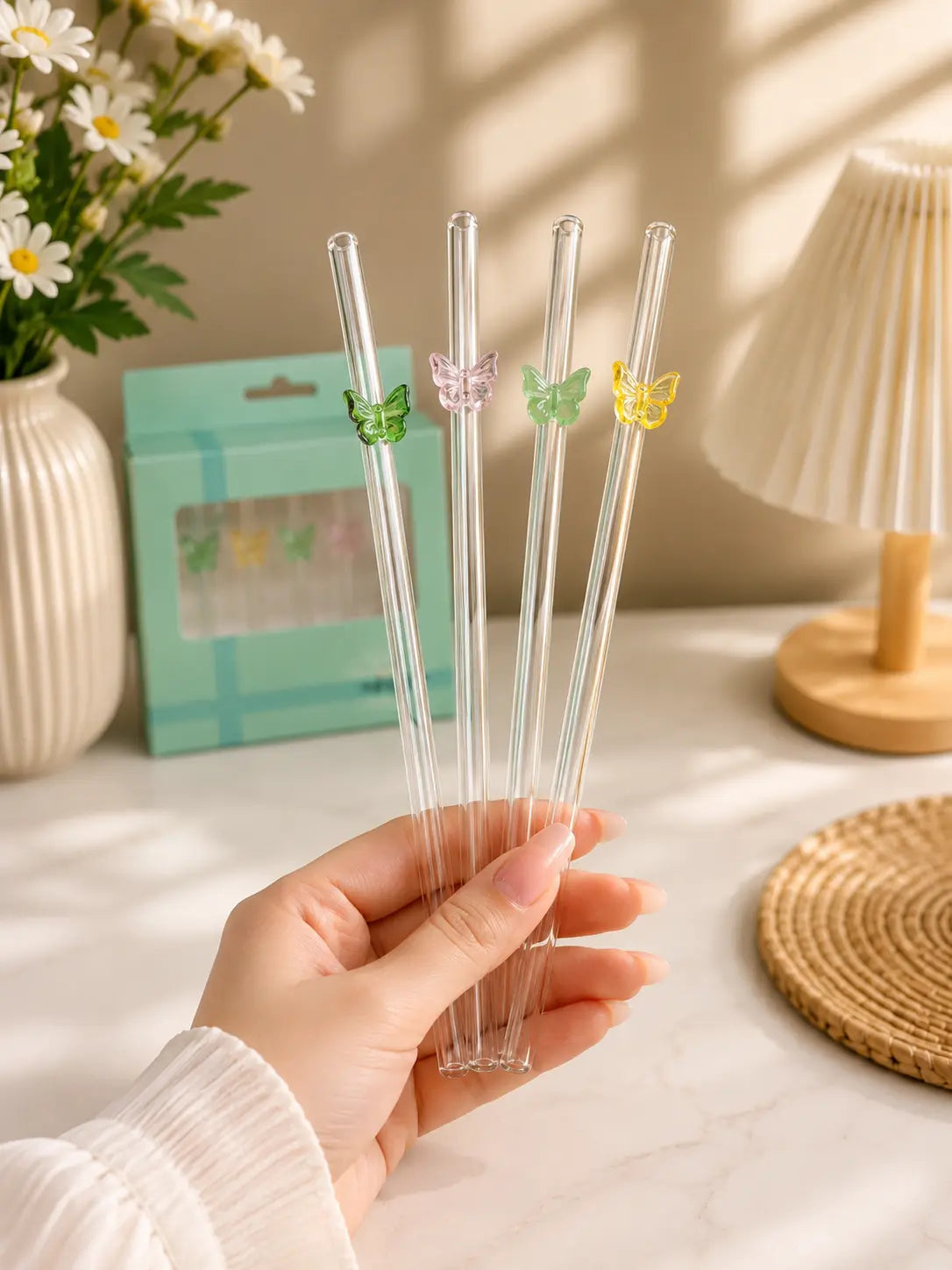 4 Piece Reusable Glass Straw Set with Butterfly Charms & Cleaning Brush
